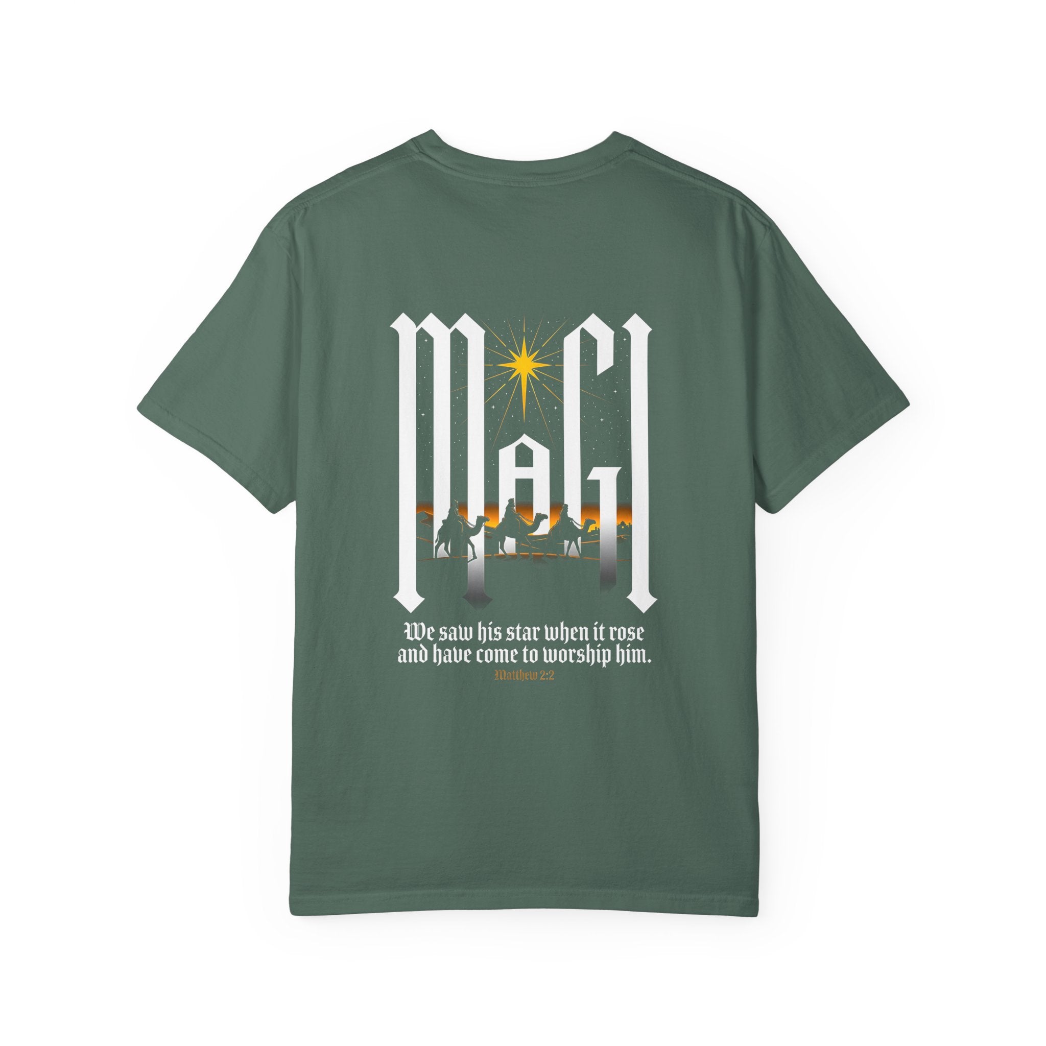 Christian Cross T-Shirt — 'We Saw His Star' Nativity Backprint Tee