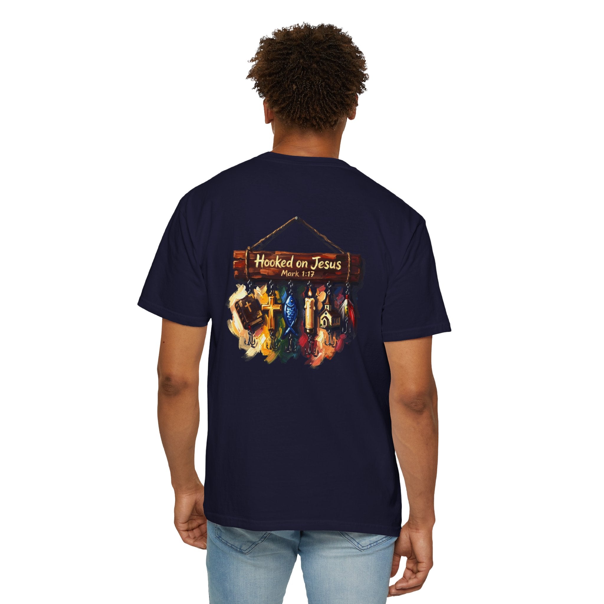 Christian Fishing T-Shirt — “Hooked on Jesus” Graphic Tee with Small Front Cross