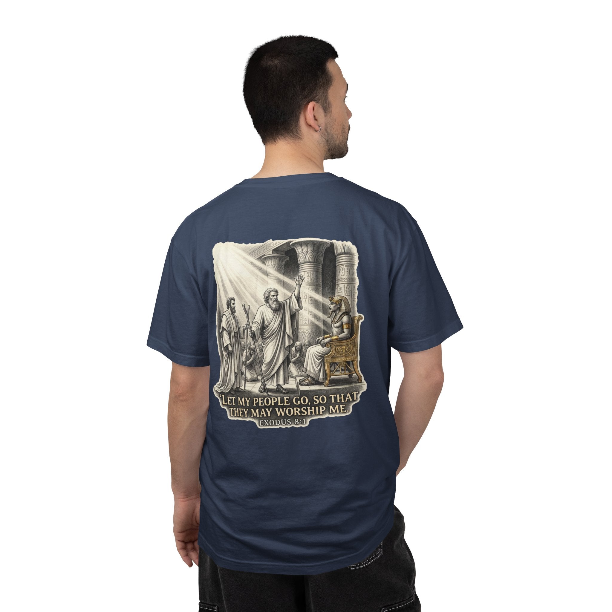 Religious T-Shirt — Small Cross Front & 'Let My People Go' Back Graphic