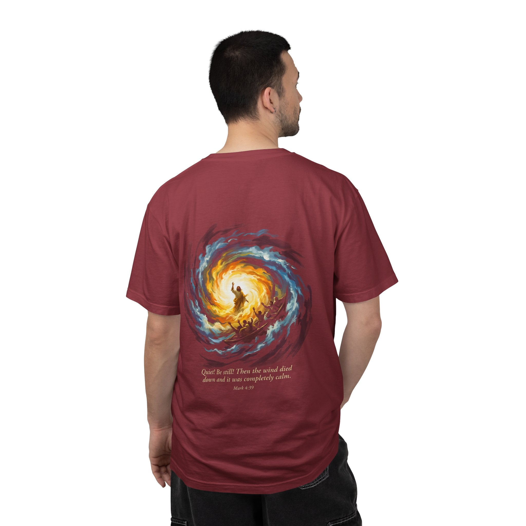 Christian T‑Shirt — Small Chest Cross & 'Quiet Be Still' Scripture Back Design