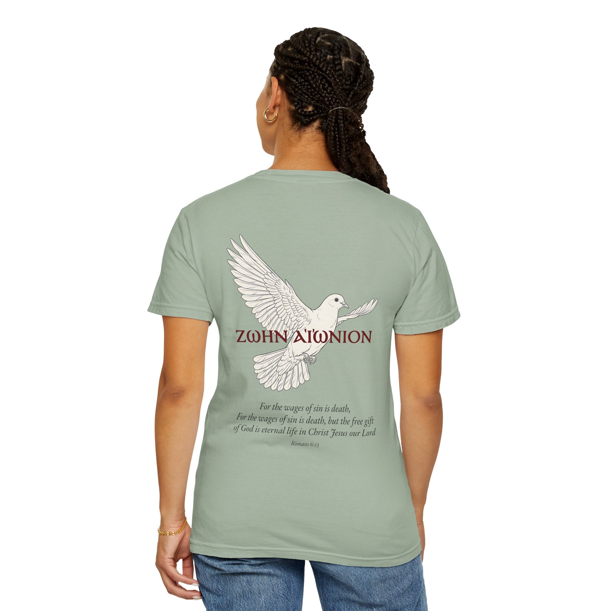 Christian Dove T-Shirt — Three Crosses Front & Dove Back with Scripture
