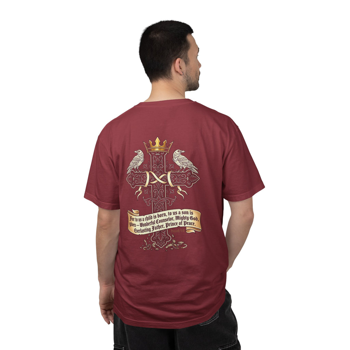 Christian Cross Tee — "For to us a child is born" Scripture Graphic T-Shirt