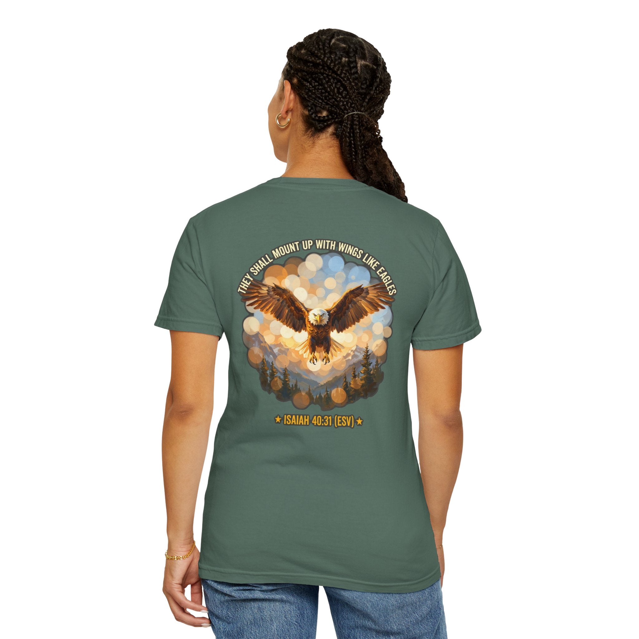Eagle & Cross Christian T‑Shirt — "They Shall Mount Up with Wings" (Isaiah 40:31)