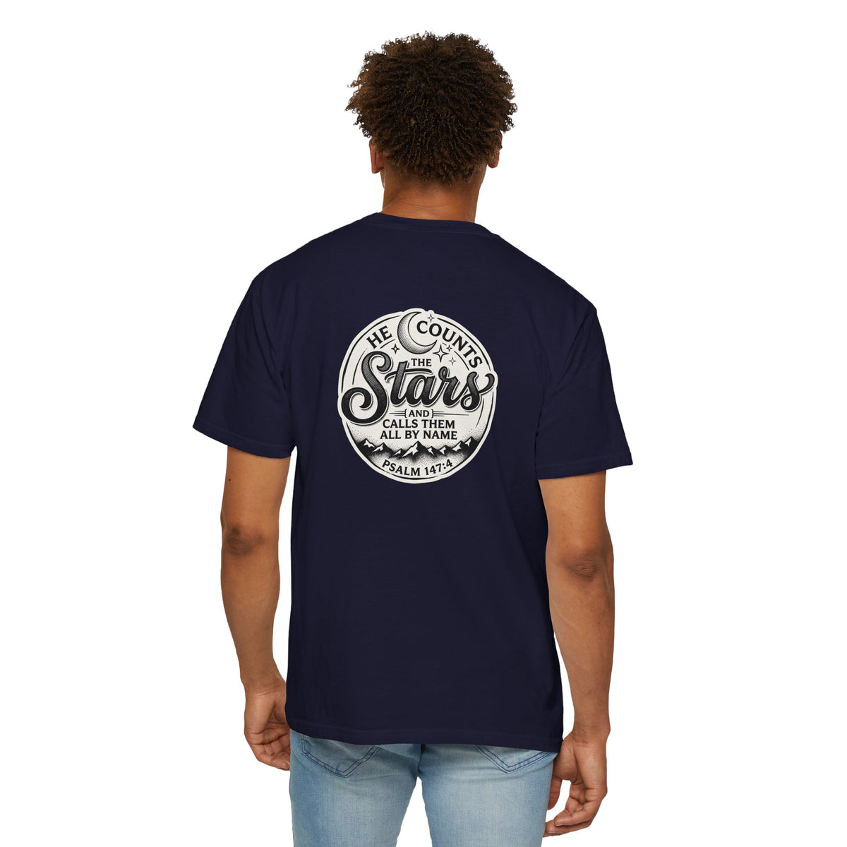 Christian Cross T-Shirt — "He Counts the Stars" Psalm 147:4 Graphic Tee