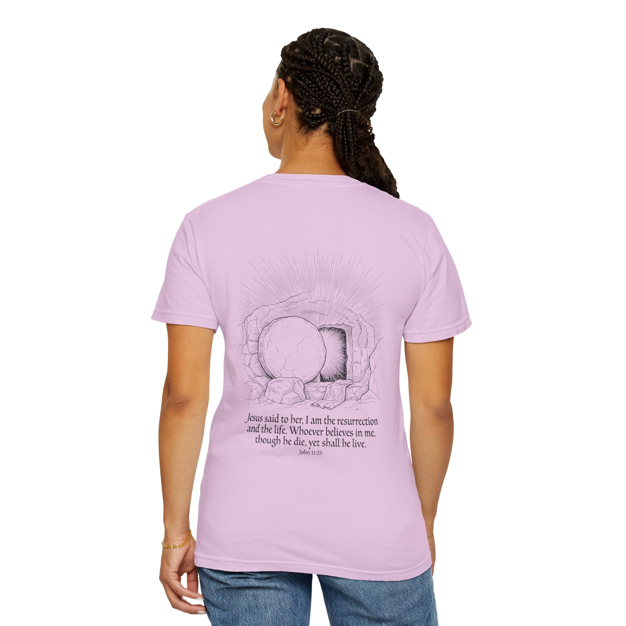 Christian Cross T-Shirt — Resurrection Tomb Design with John 11:25 Scripture