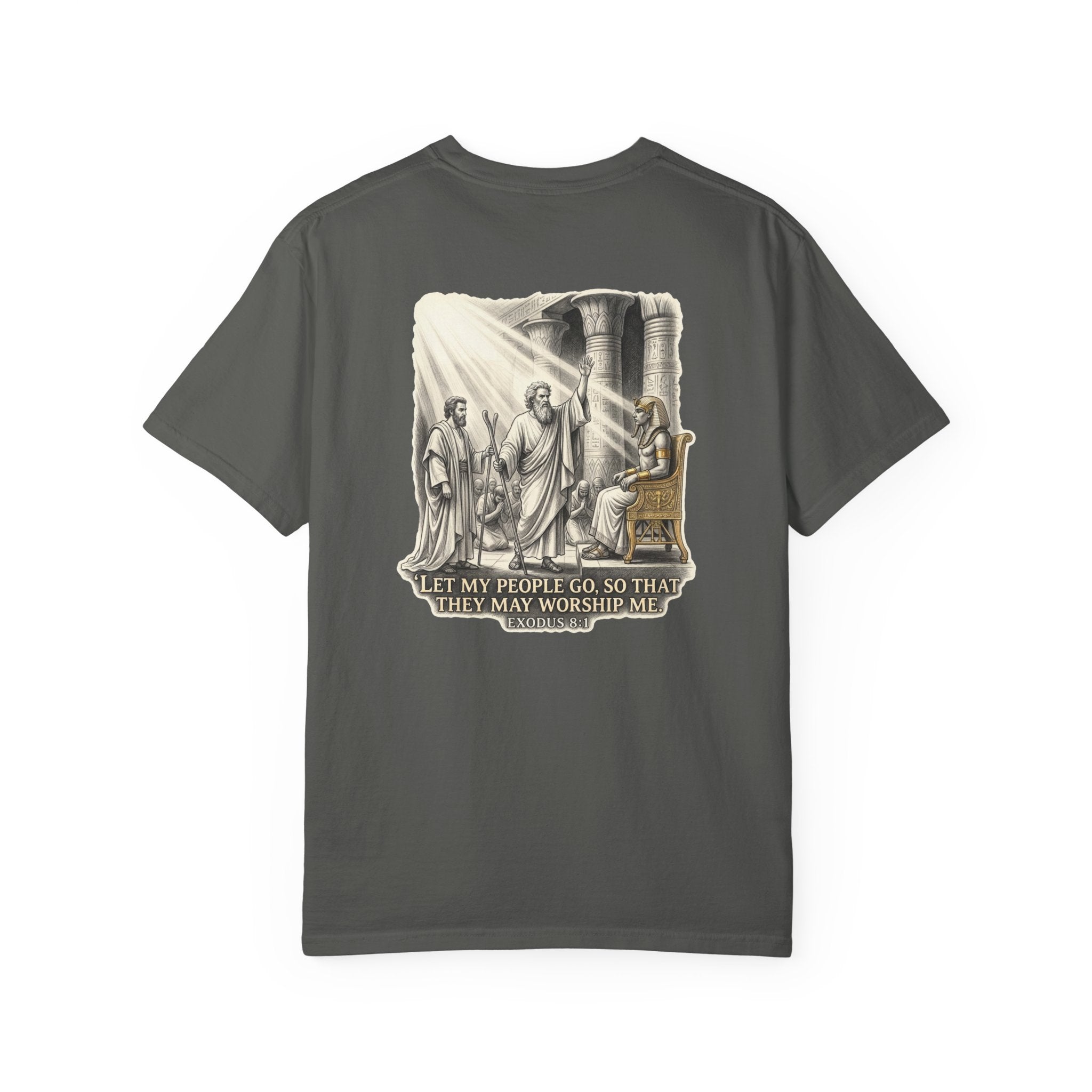 Religious T-Shirt — Small Cross Front & 'Let My People Go' Back Graphic