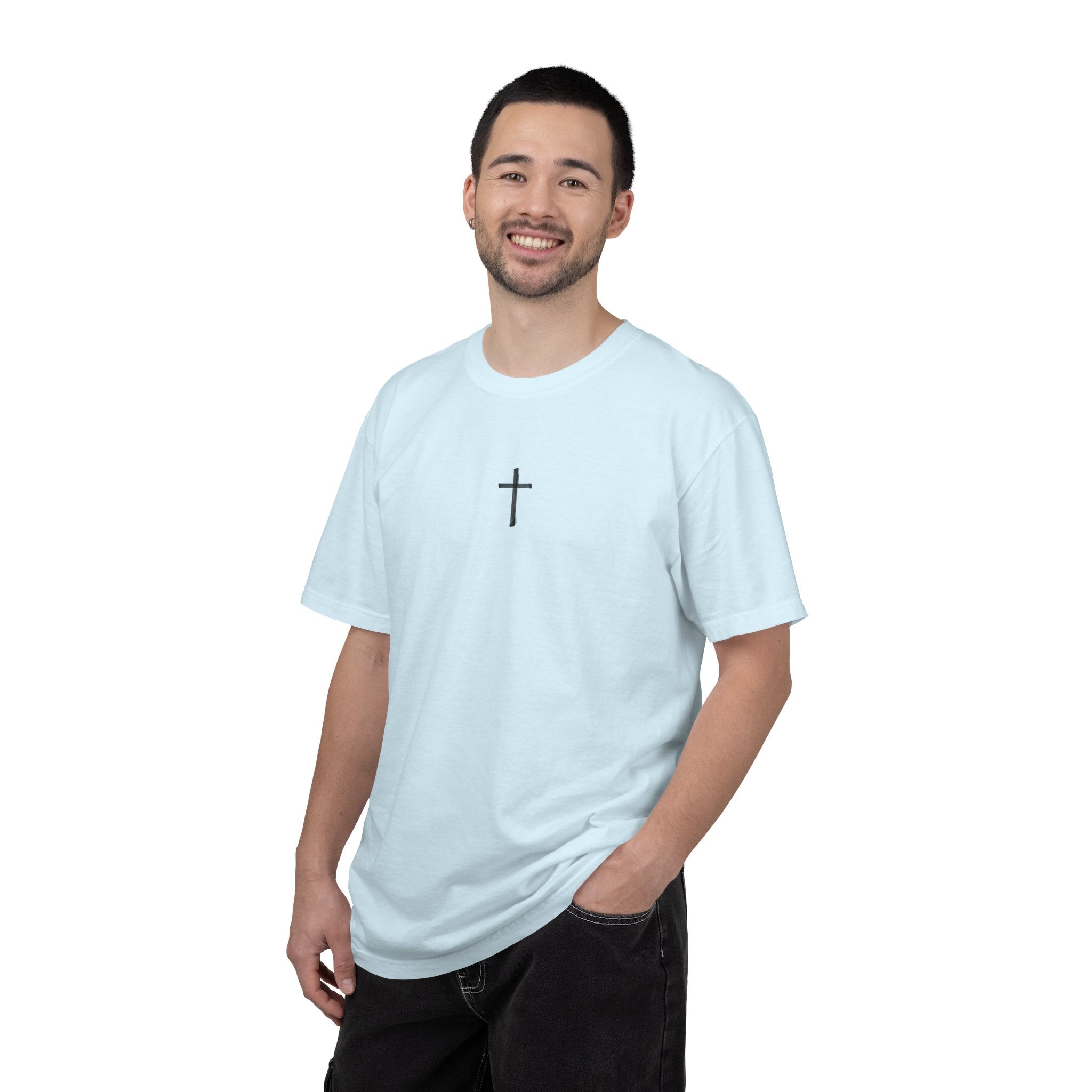 Religious T-Shirt — “Visions of God” Back Print with Small Cross