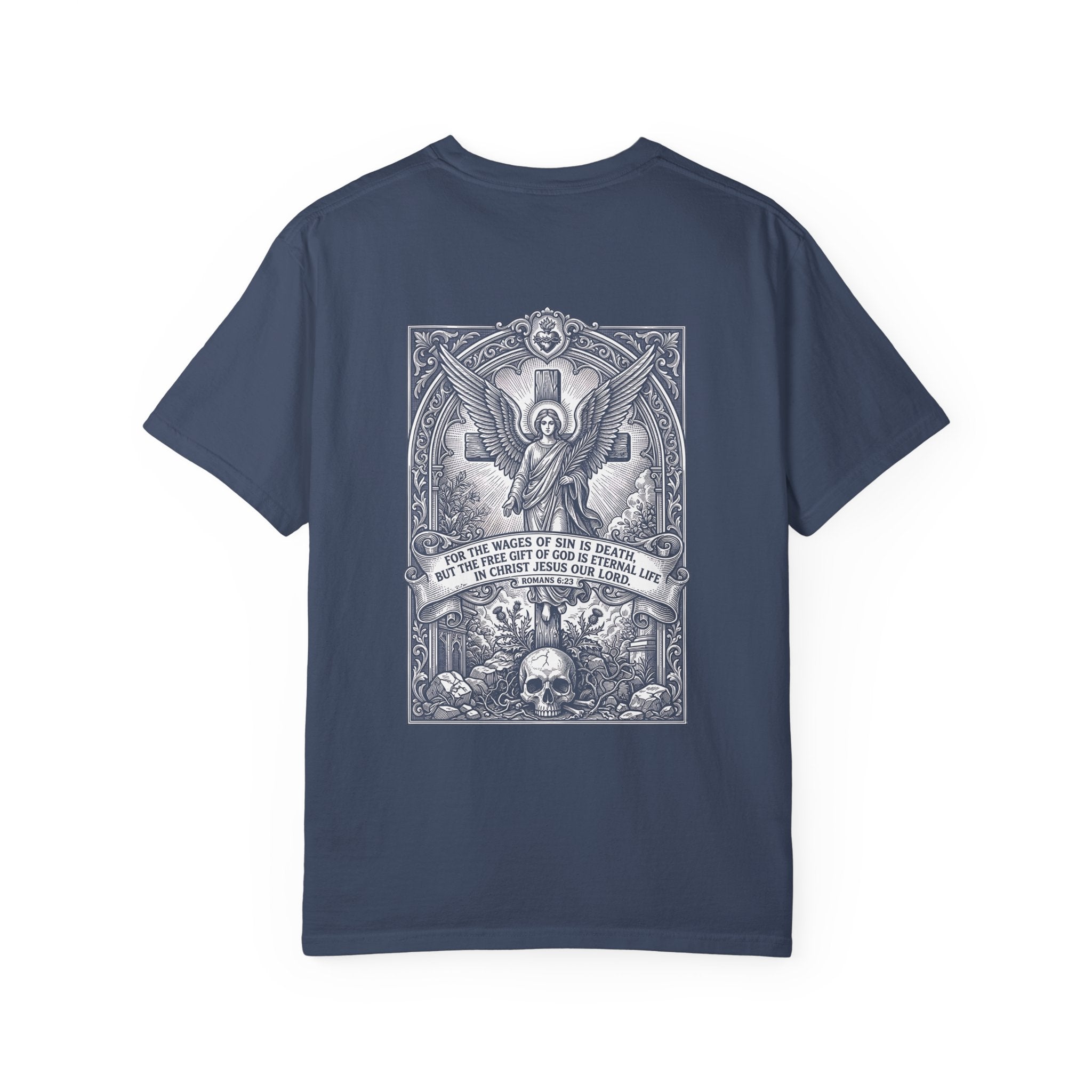Religious Graphic T-Shirt — Angel, Skull & Scripture Back Print