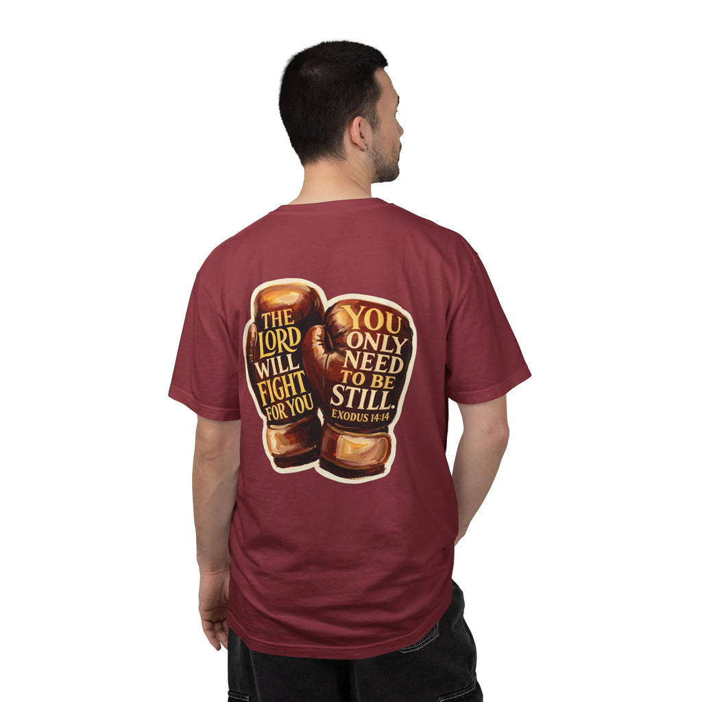 Christian Cross T-Shirt — “The Lord Will Fight For You / Be Still” Boxing Gloves Graphic