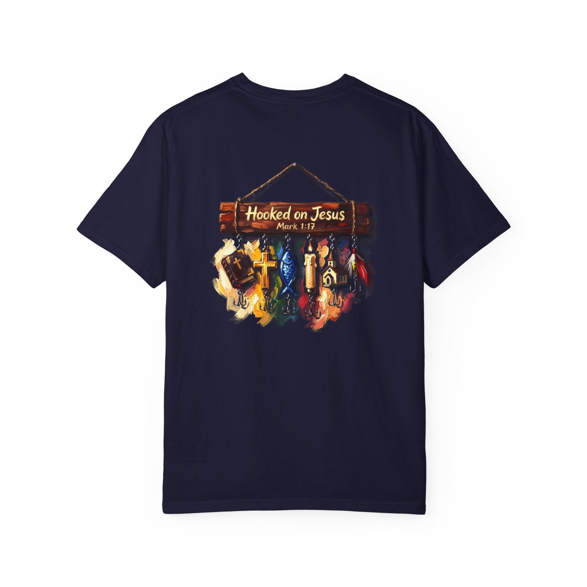 Christian Fishing T-Shirt — “Hooked on Jesus” Graphic Tee with Small Front Cross