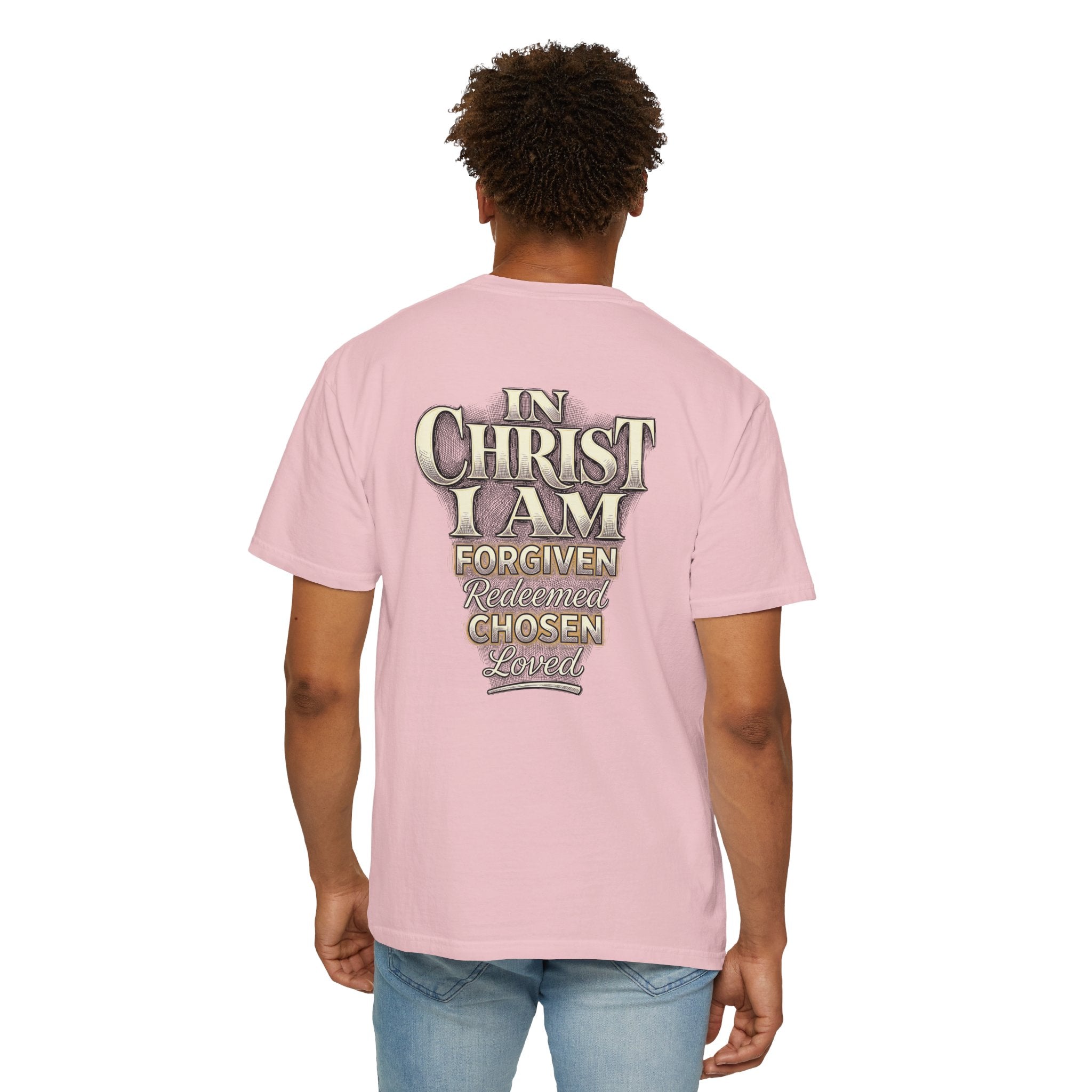 Christian Cross T-Shirt — "In Christ I Am Forgiven, Redeemed, Chosen" Faith Tee
