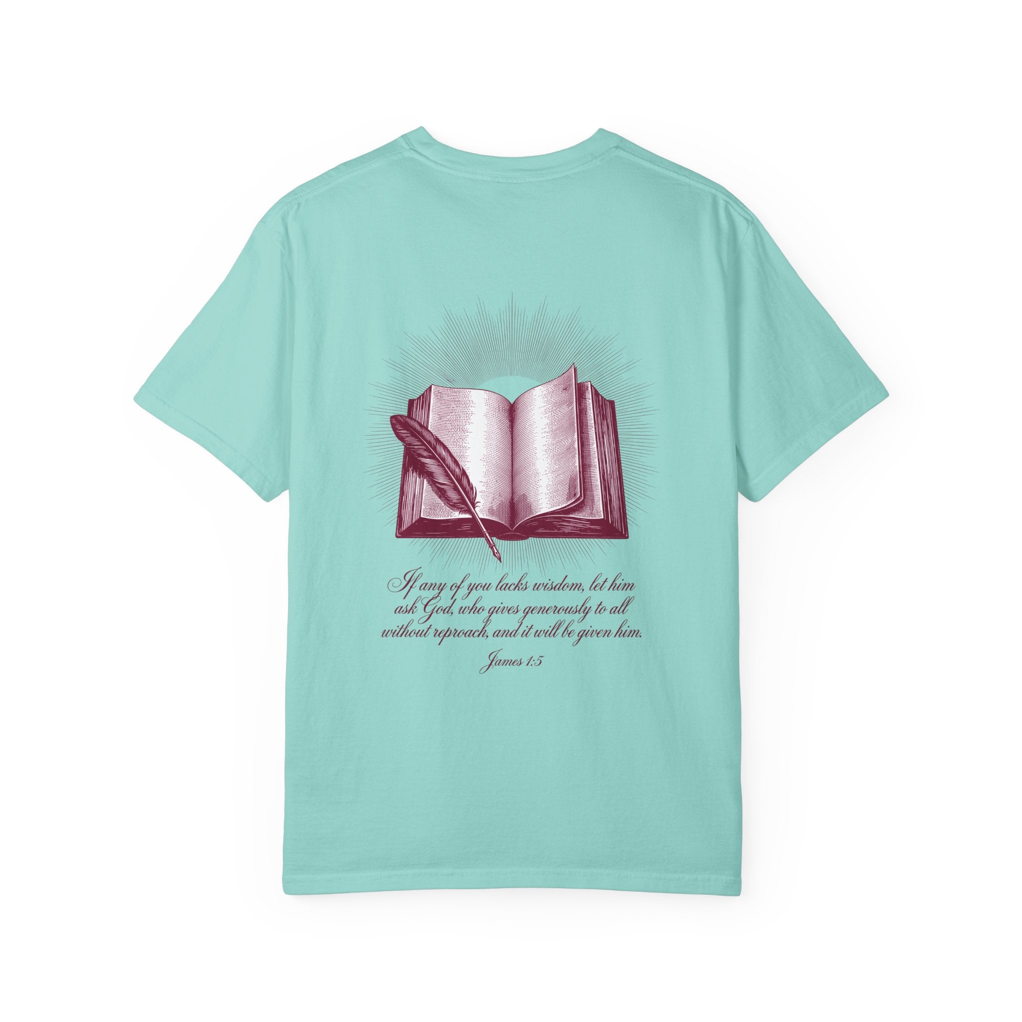 Christian Cross T-Shirt — Illustrated Bible Back Print with James 1:5 Quote