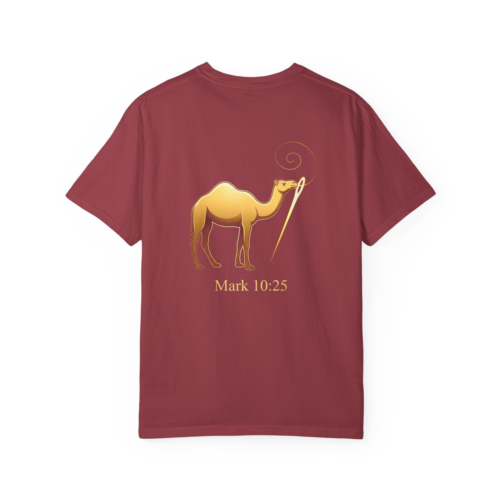 Christian Cross T-Shirt with Gold Camel & "Mark 10:25" Back — Religious Faith Tee