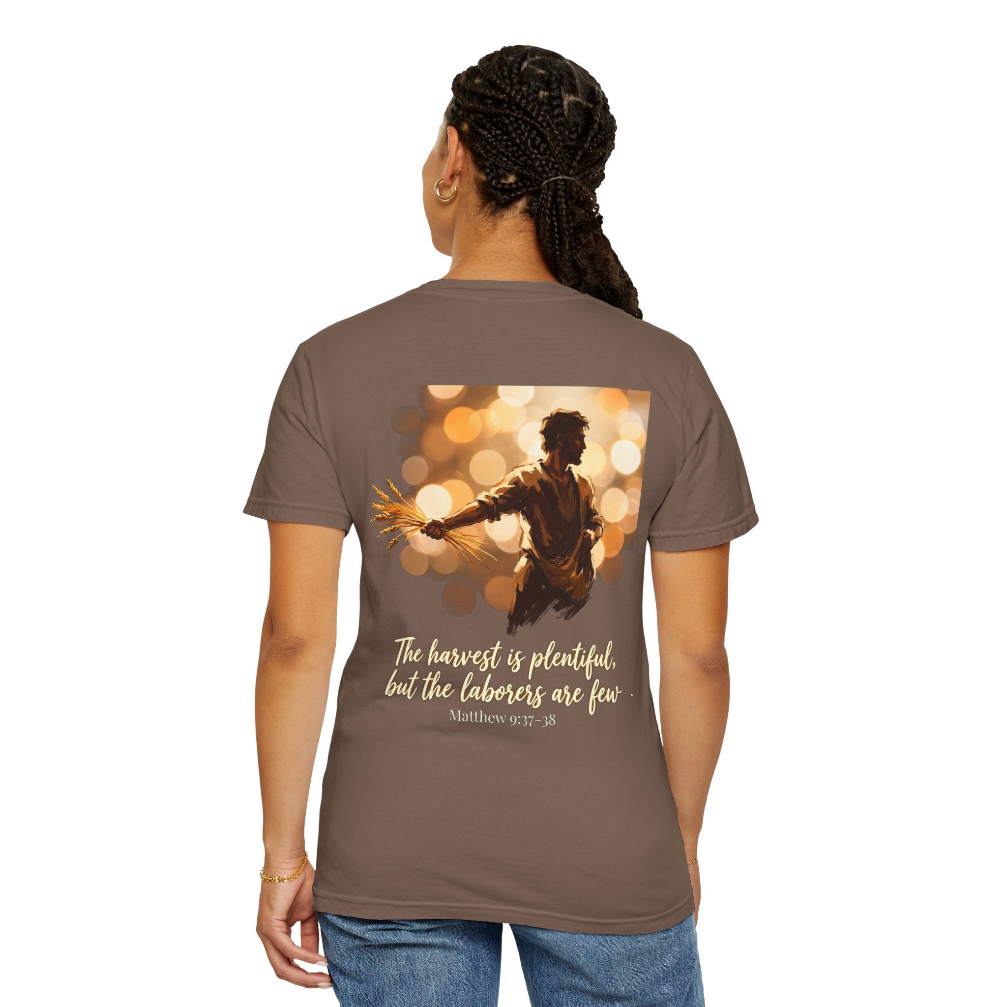 Christian Cross T-Shirt — "The harvest is plentiful, but the laborers are few" Back Graphic