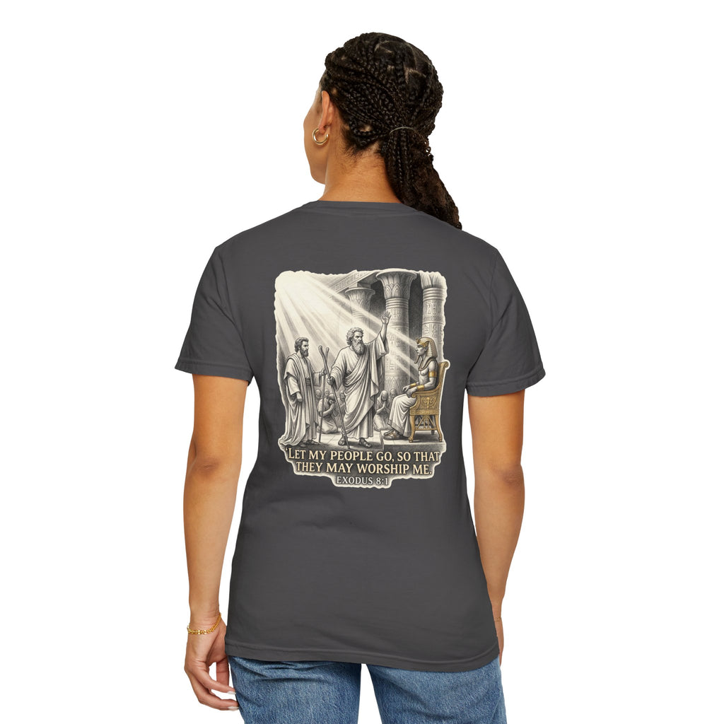 Religious T-Shirt — Small Cross Front & 'Let My People Go' Back Graphic