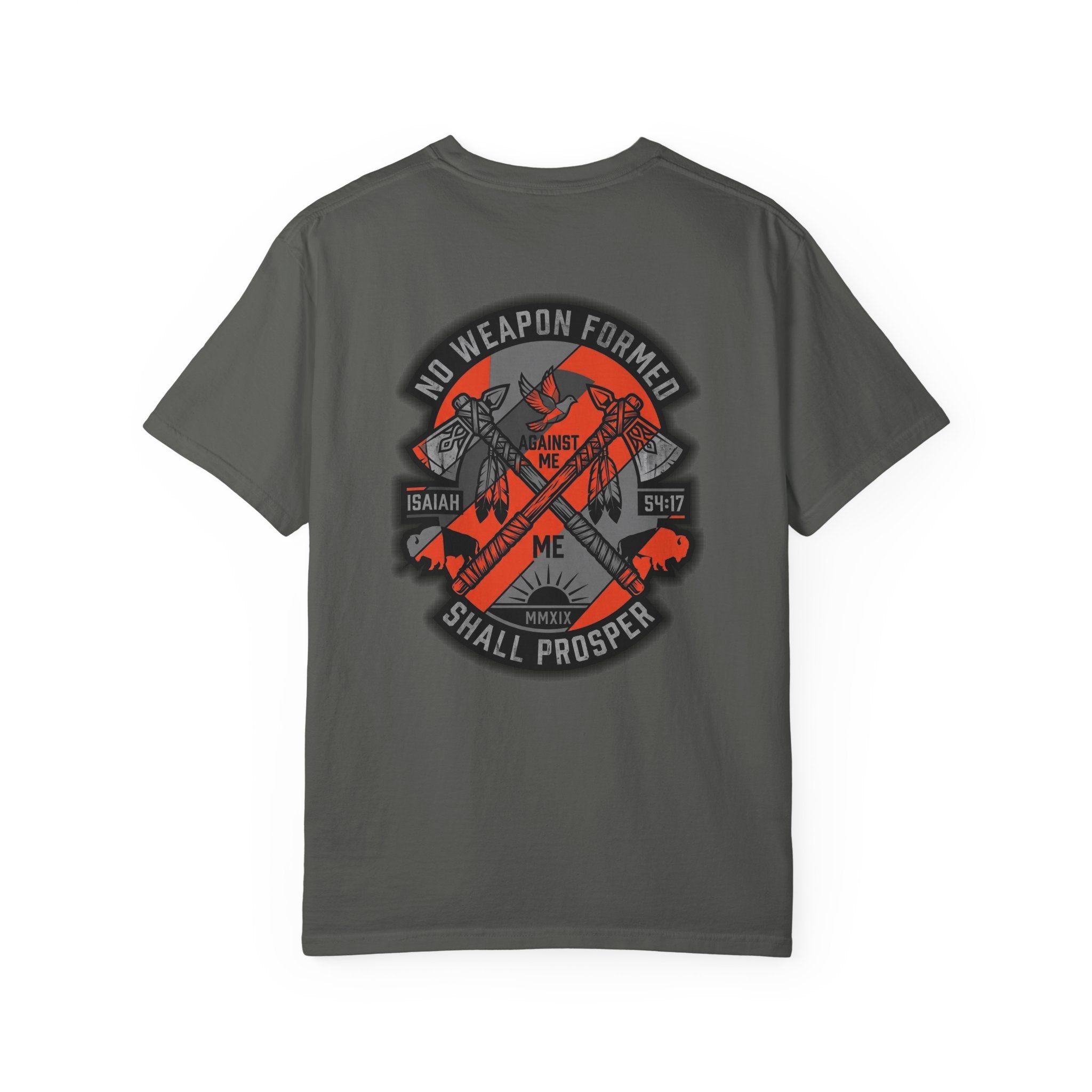 Faith Cross T-Shirt — “No Weapon Formed Shall Prosper” Back Graphic