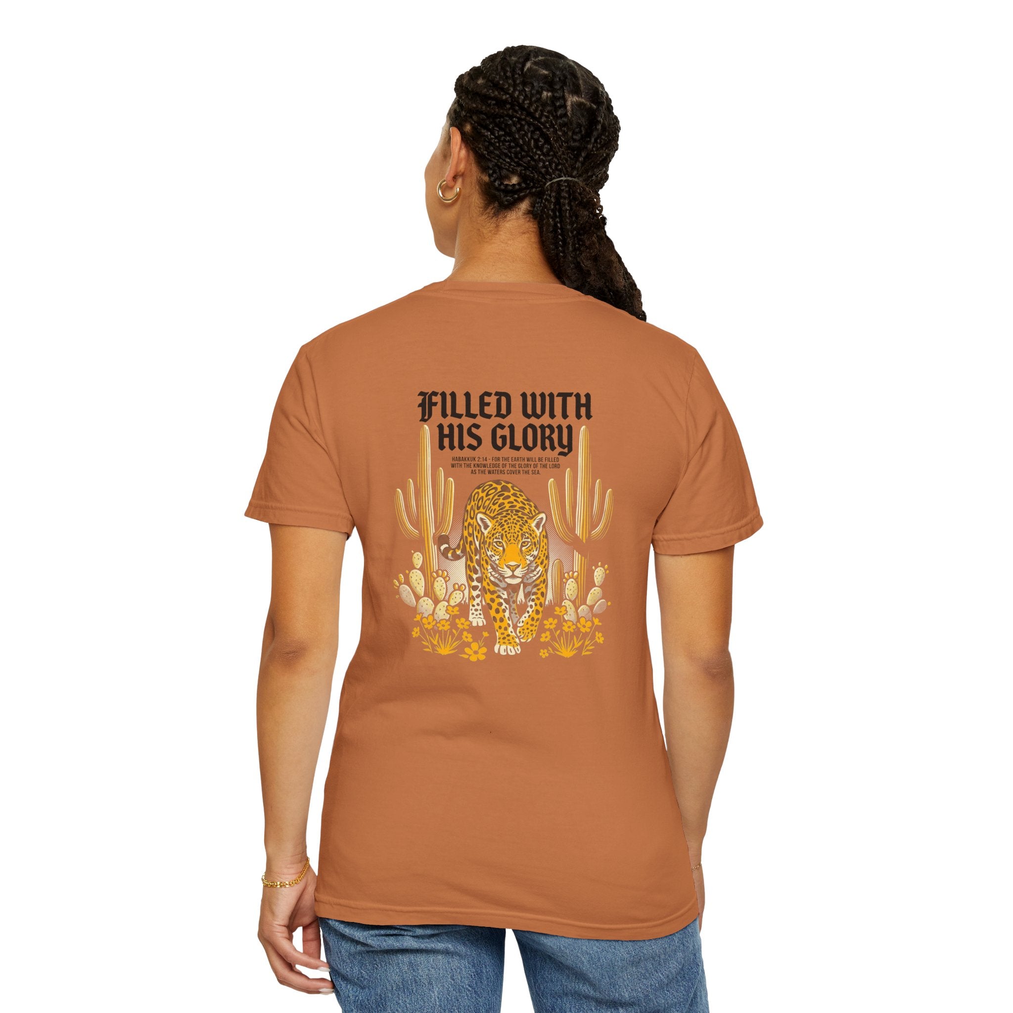 Christian Leopard Desert T-Shirt — "Filled With His Glory" Back Print