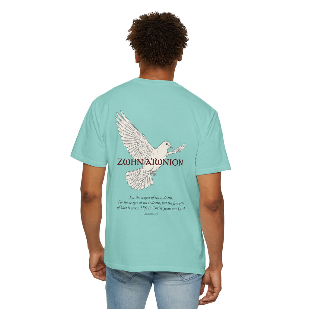 Christian Dove T-Shirt — Three Crosses Front & Dove Back with Scripture