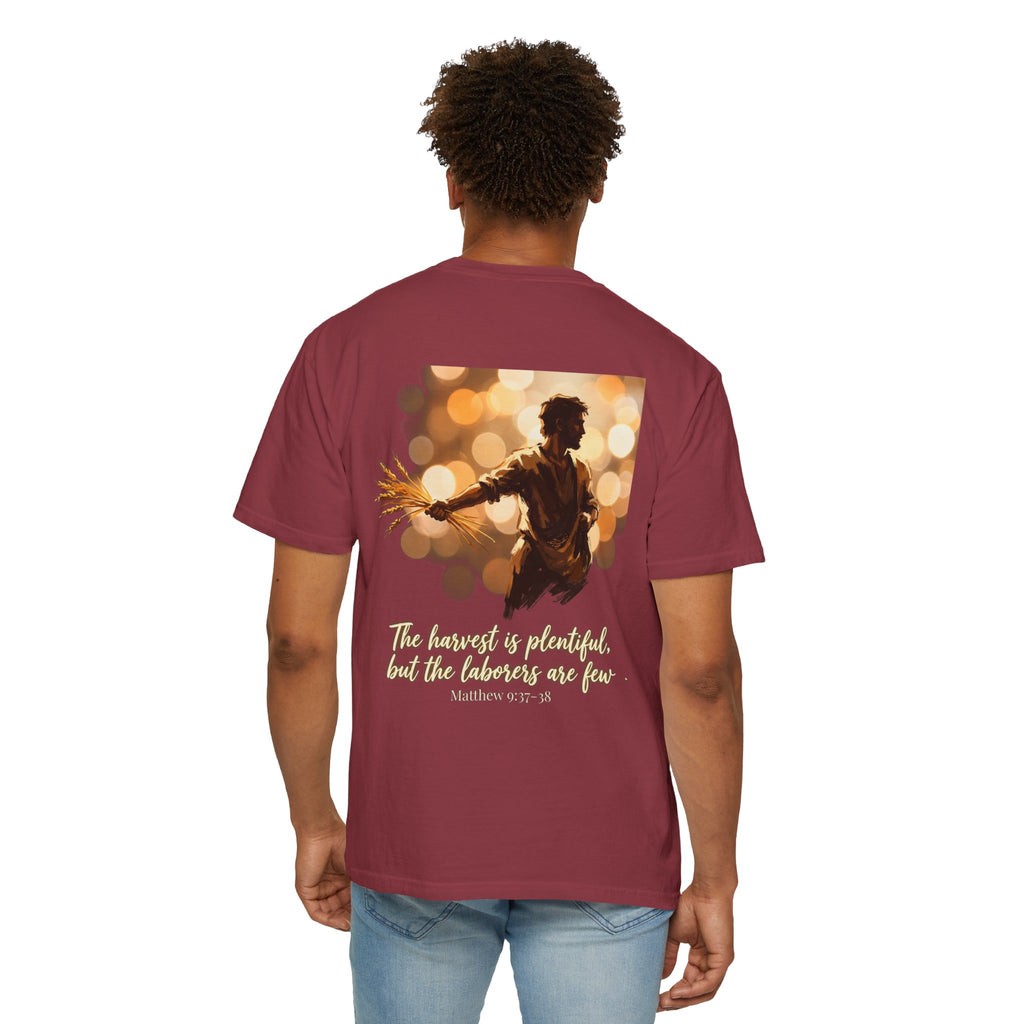 Christian Cross T-Shirt — "The harvest is plentiful, but the laborers are few" Back Graphic