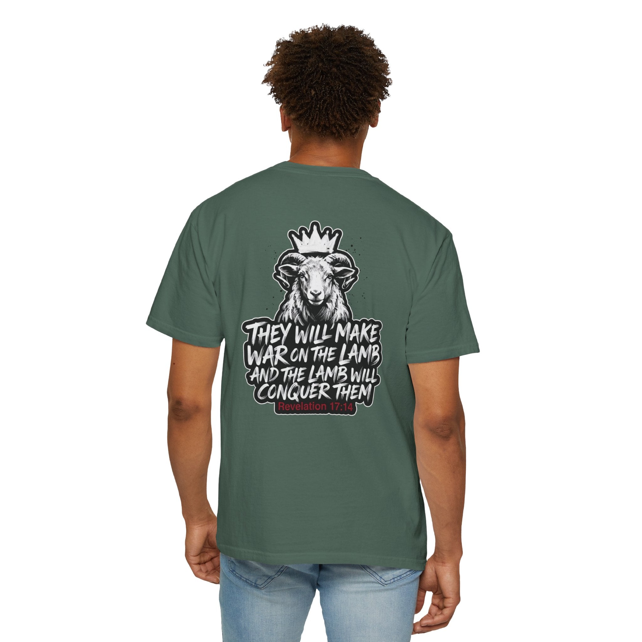 Christian Lamb Graphic T-Shirt — "They Will Make War on the Lamb" Back Design