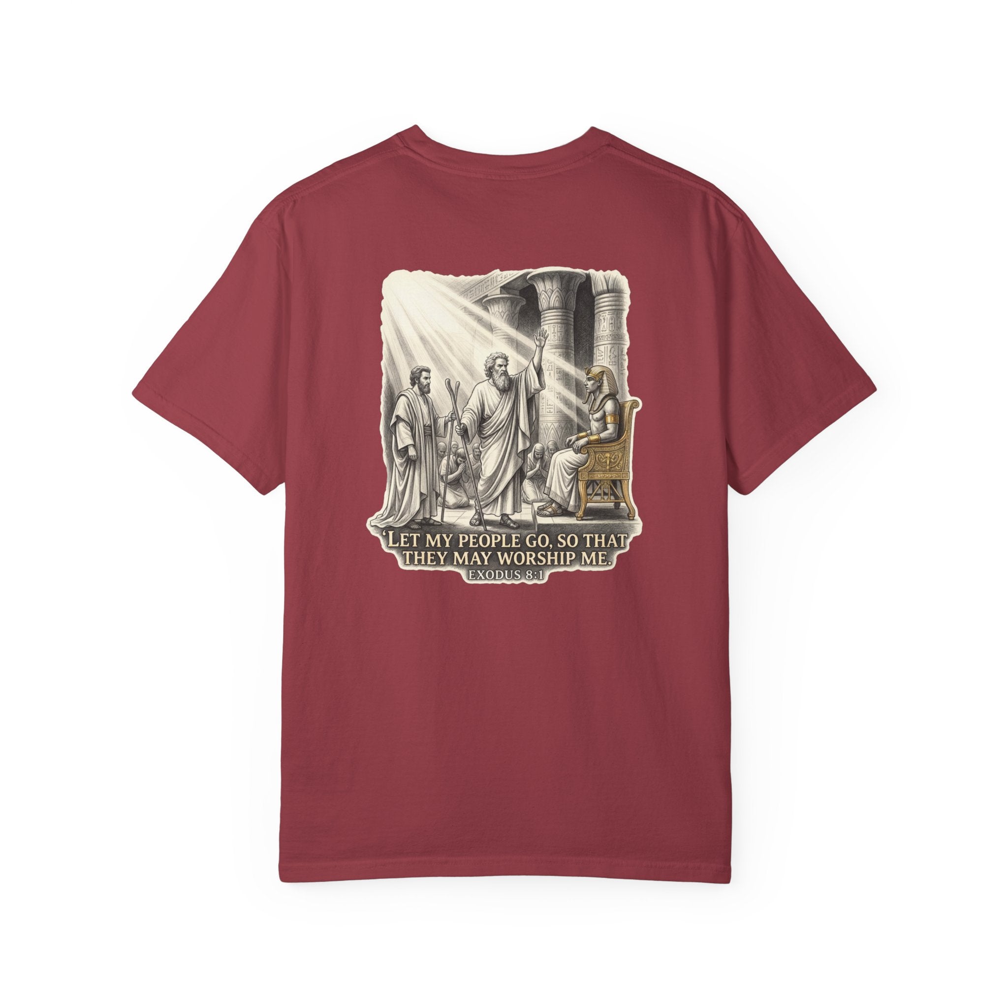 Religious T-Shirt — Small Cross Front & 'Let My People Go' Back Graphic