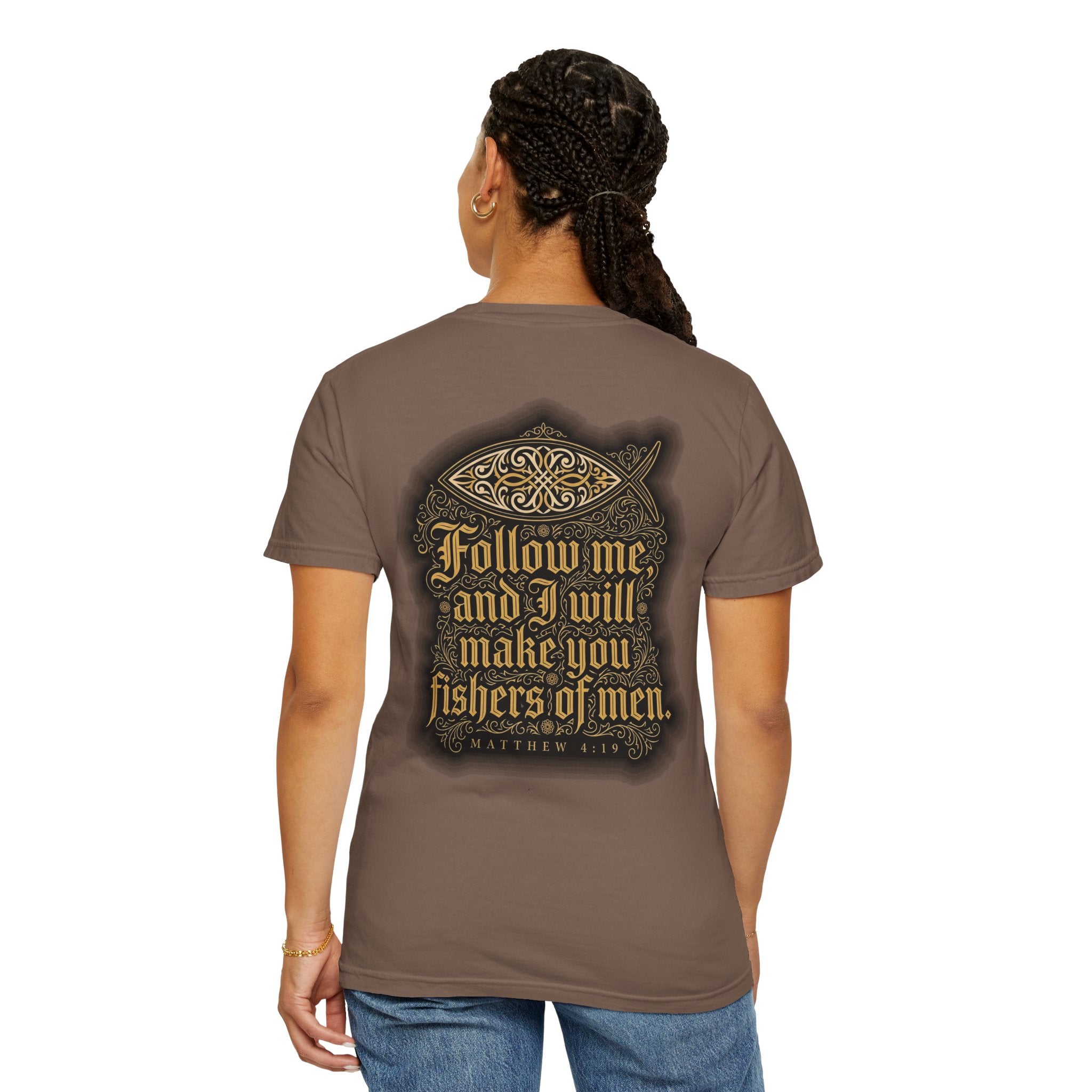 Christian Cross T-Shirt — "Follow Me and I Will Make You Fishers of Men" Back Graphic