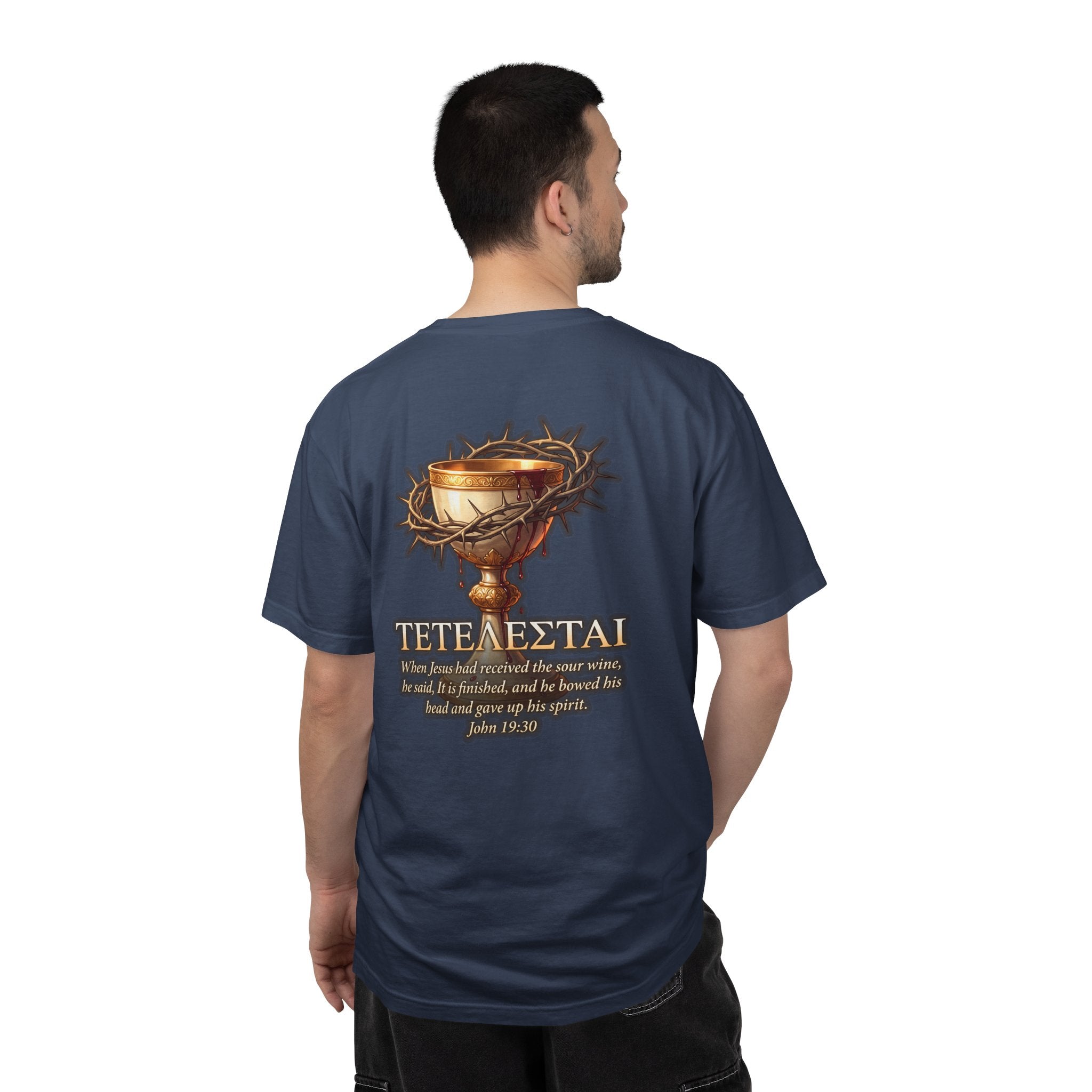 Christian Cross T-Shirt — 'Teteteazai' Chalice Scripture Tee (John 19:30)
