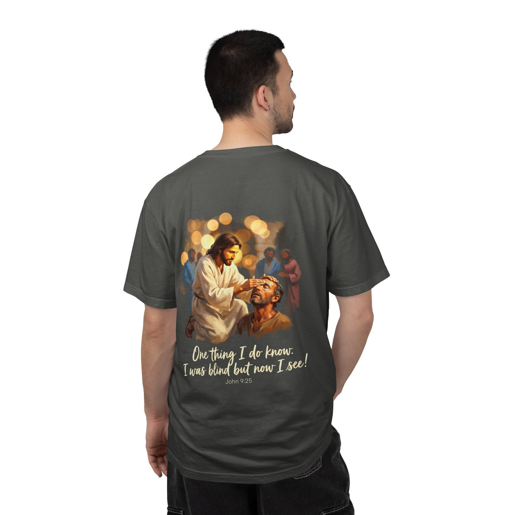 Christian T-Shirt — Jesus Healing the Blind "One thing I do know: I was blind but now I see"