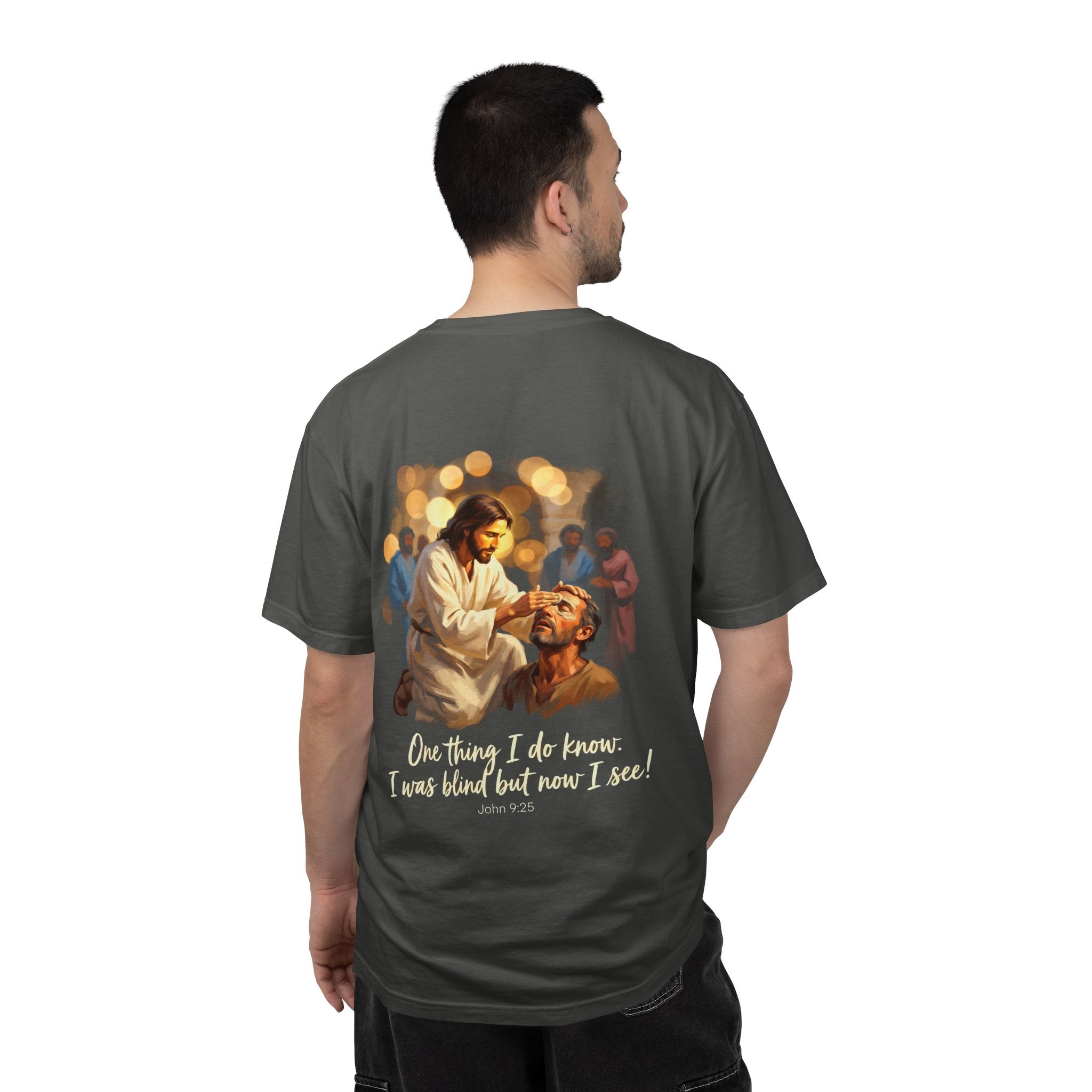 Christian T-Shirt — Jesus Healing the Blind "One thing I do know: I was blind but now I see"