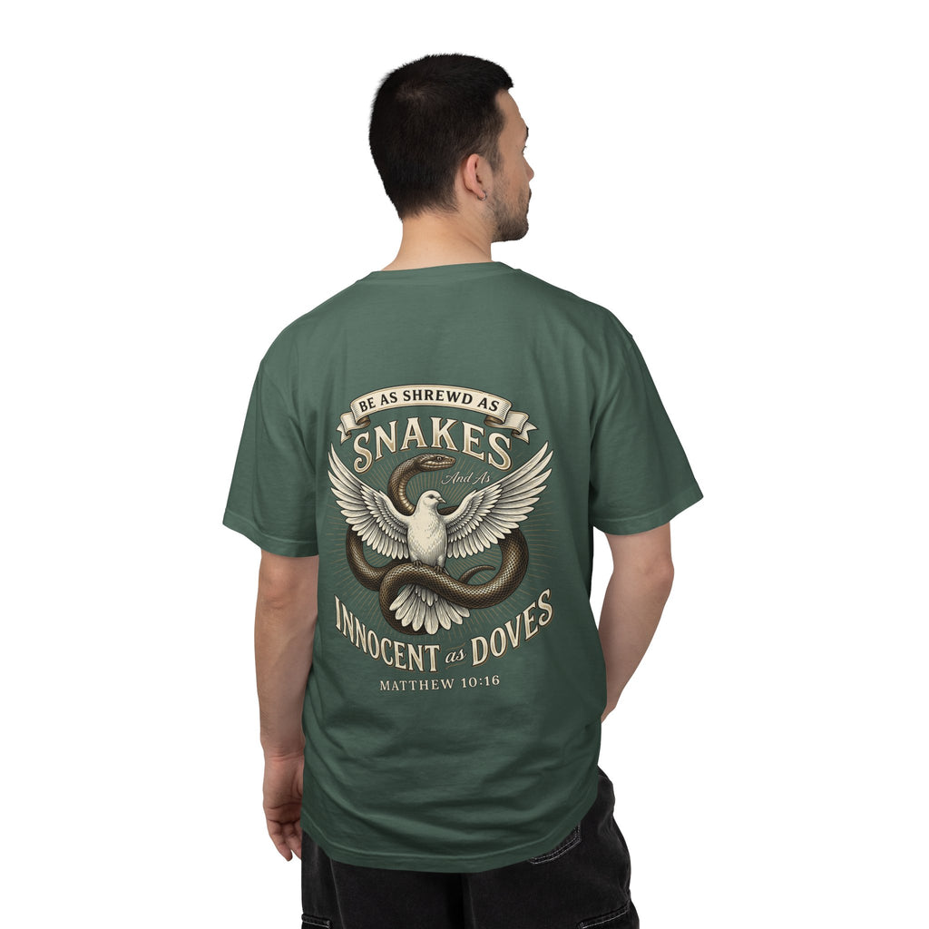Christian Cross T-Shirt — "Be as Shrewd as Snakes, Innocent as Doves" Graphic Tee (Matthew 10:16)