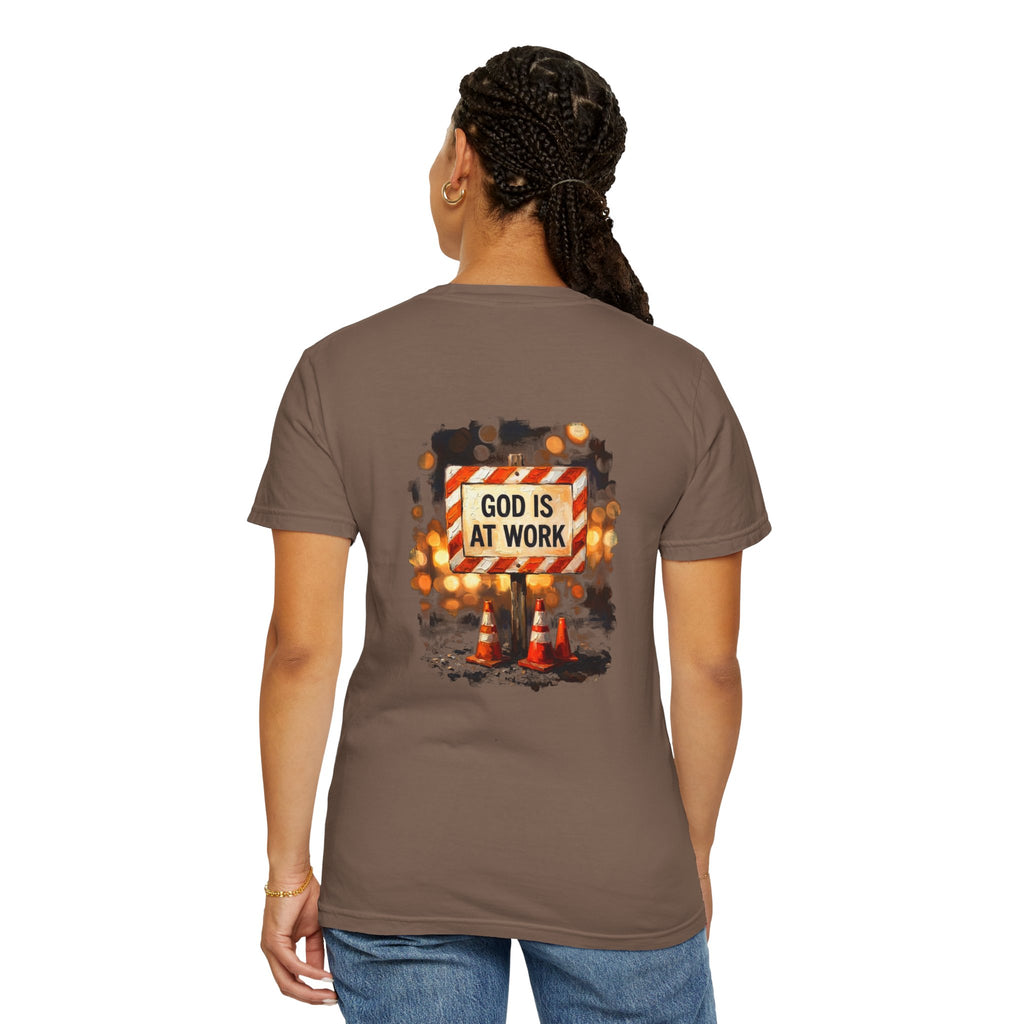 Christian T-Shirt — "God Is At Work" Cross Graphic Tee