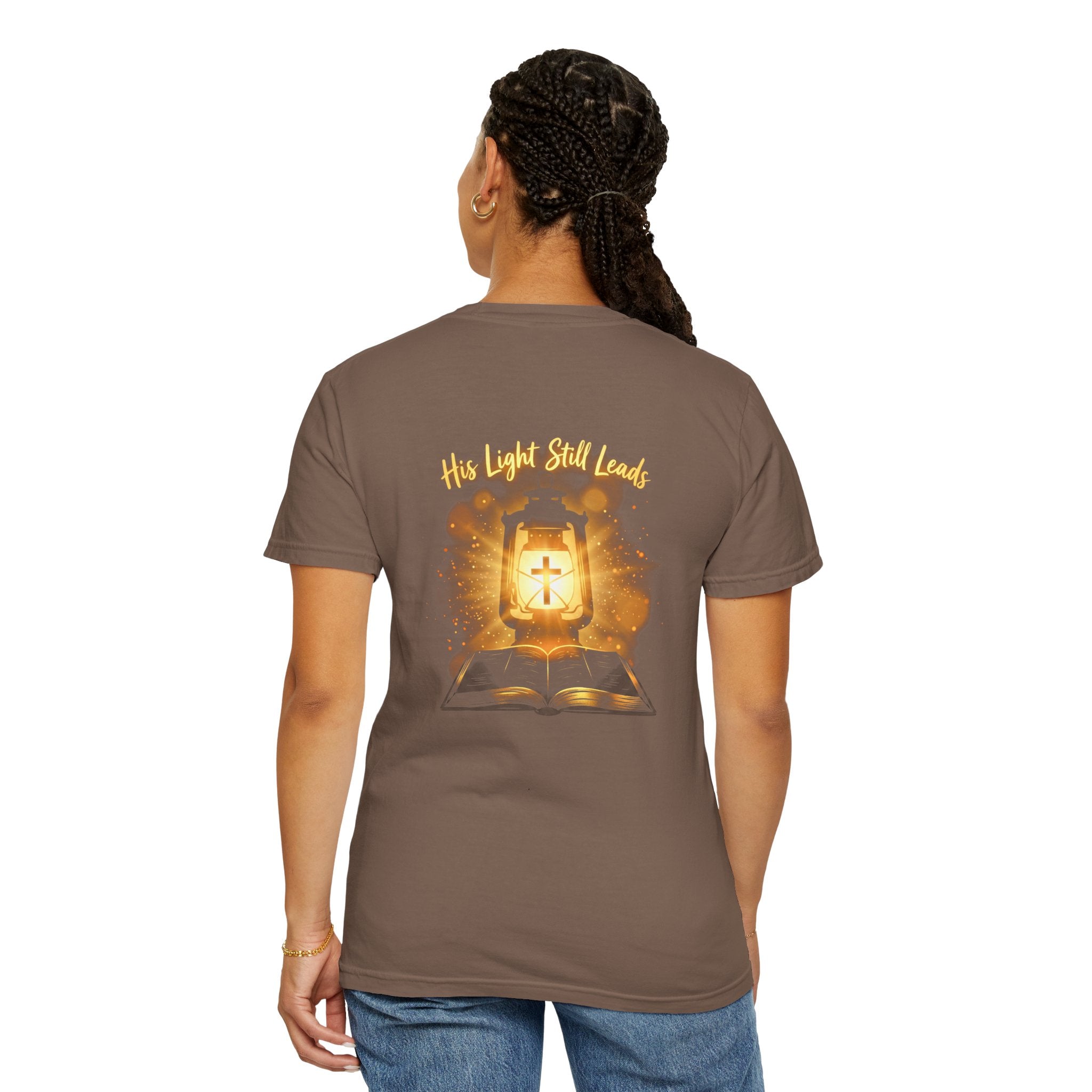 Christian Cross T-Shirt — “His Light Still Leads” Bible Graphic Tee