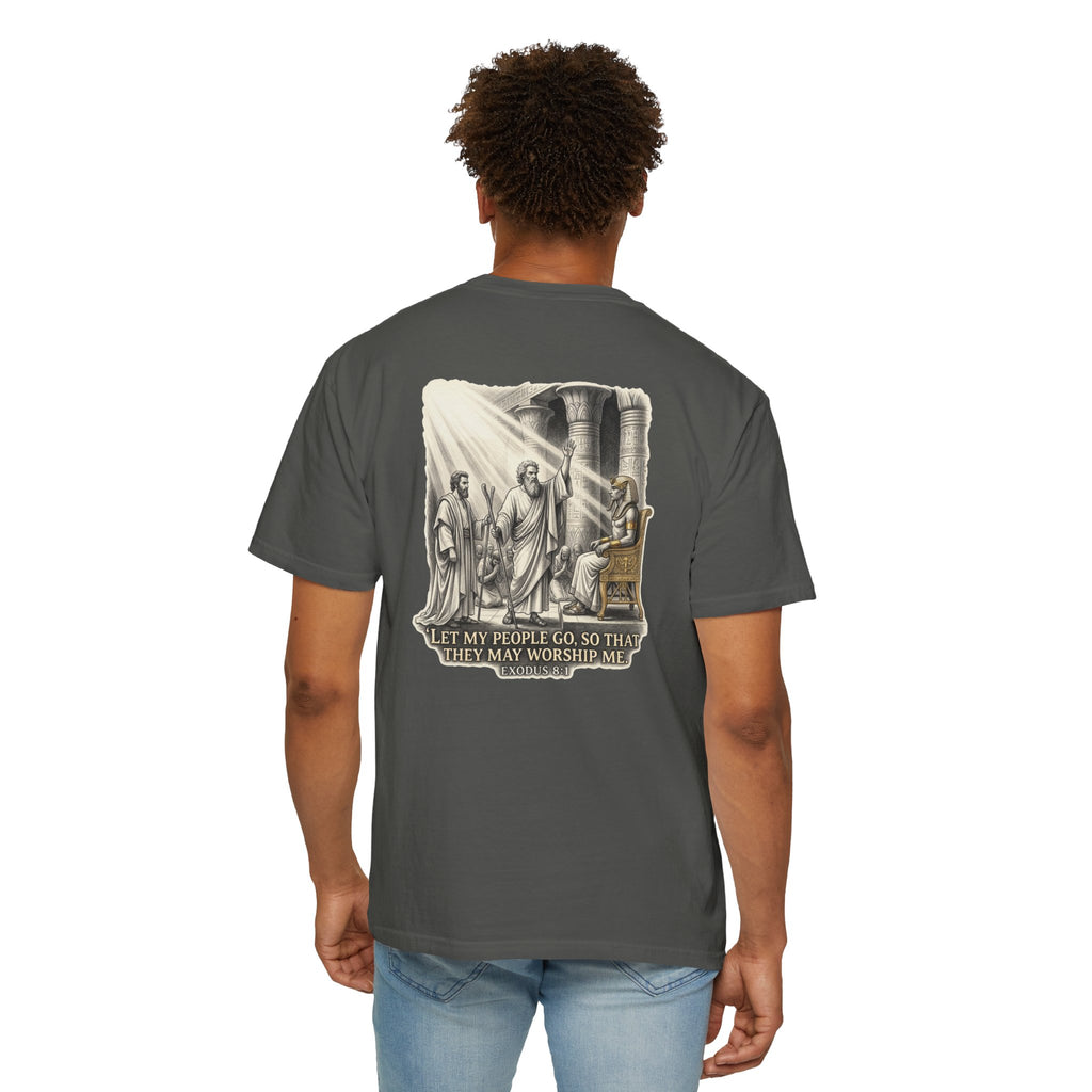 Religious T-Shirt — Small Cross Front & 'Let My People Go' Back Graphic