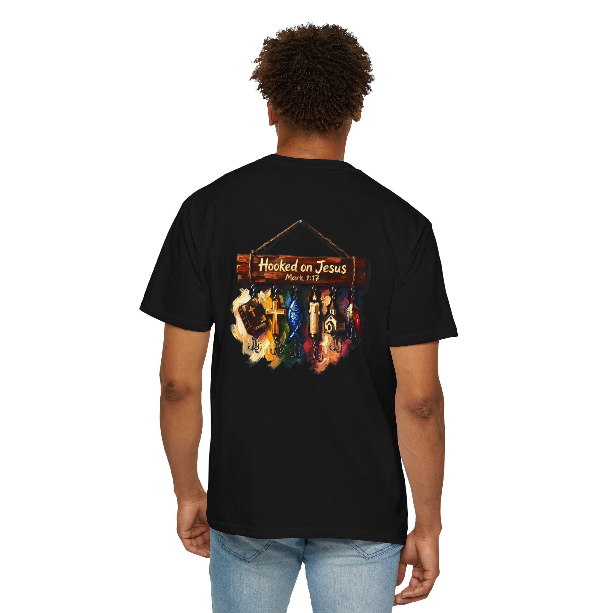 Christian Fishing T-Shirt — “Hooked on Jesus” Graphic Tee with Small Front Cross