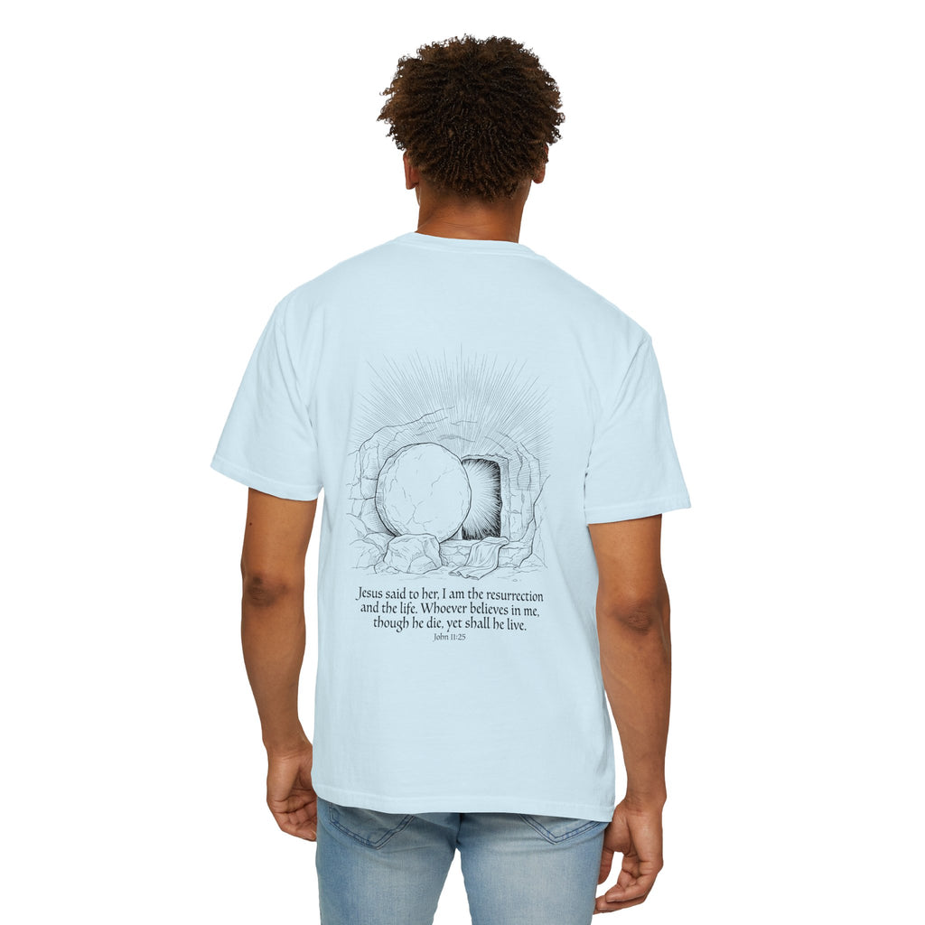 Christian Cross T-Shirt — Resurrection Tomb Design with John 11:25 Scripture