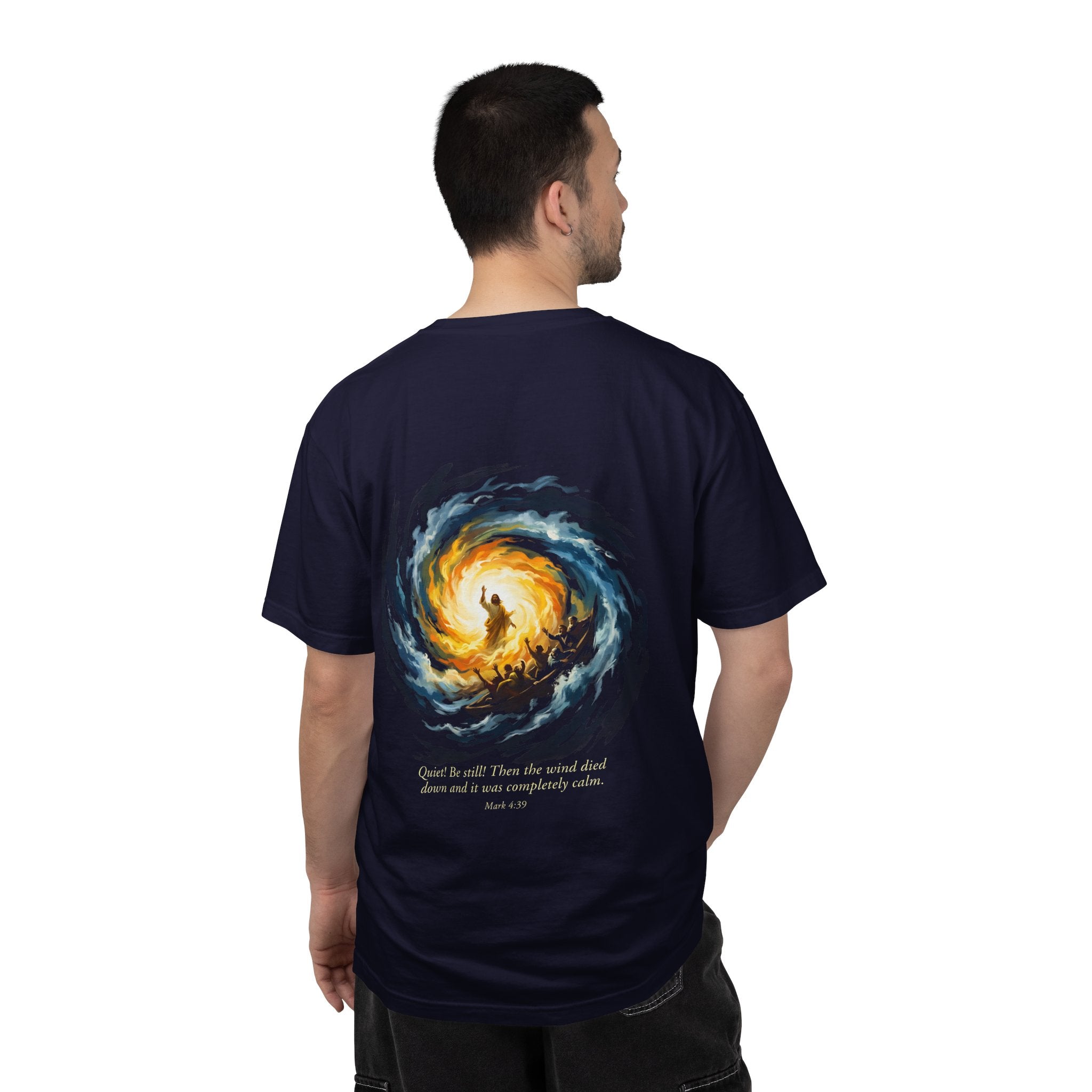 Christian T‑Shirt — Small Chest Cross & 'Quiet Be Still' Scripture Back Design