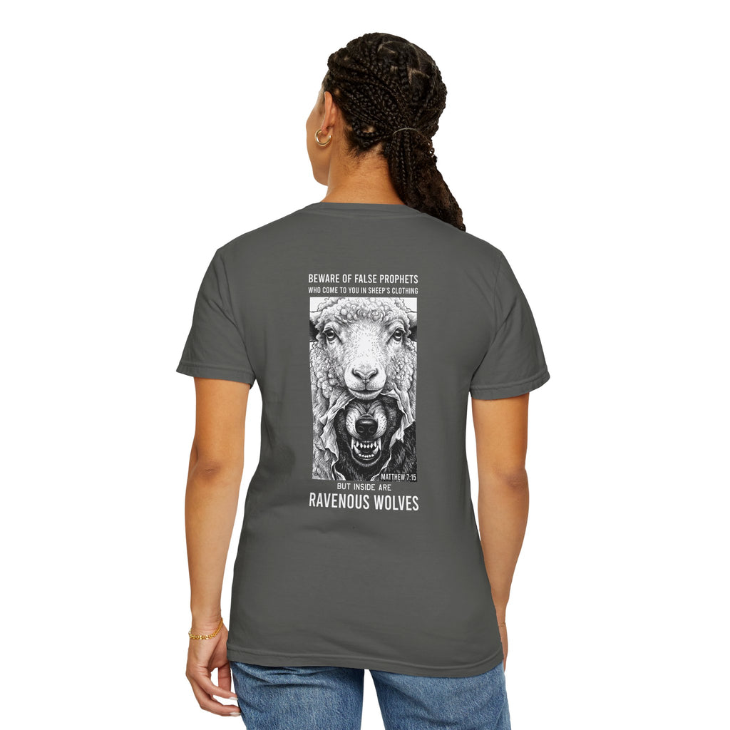 Ravenous Wolves Graphic T‑Shirt — 'Beware of False Prophets' Christian Cross Tee