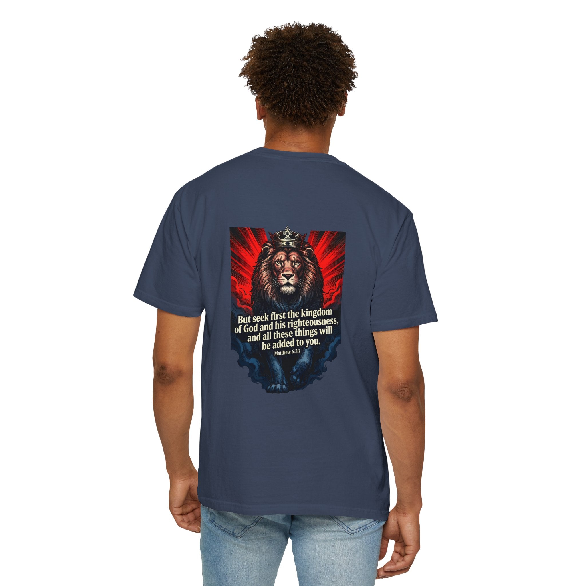 Christian Lion T-Shirt — 'But seek first the kingdom of God' Scripture Tee