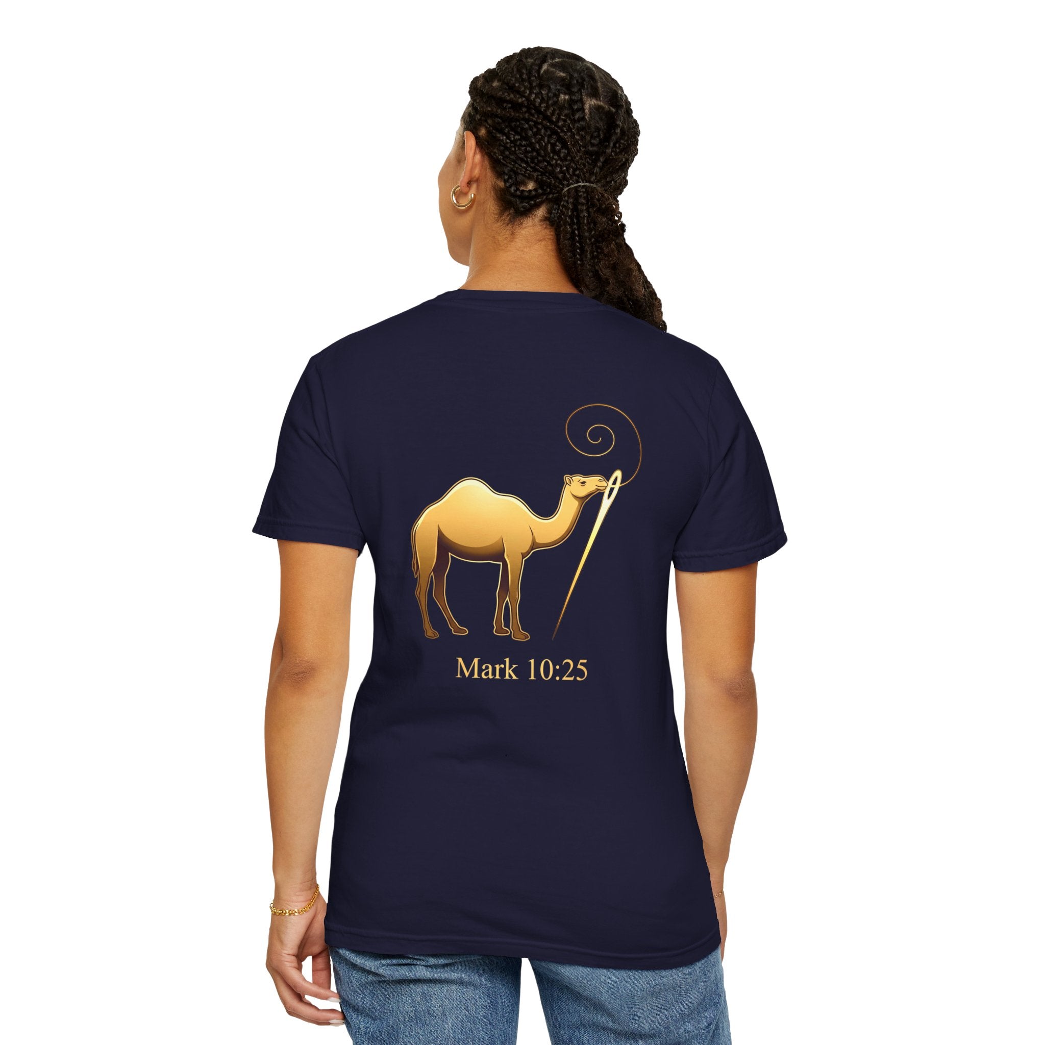 Christian Cross T-Shirt with Gold Camel & "Mark 10:25" Back — Religious Faith Tee