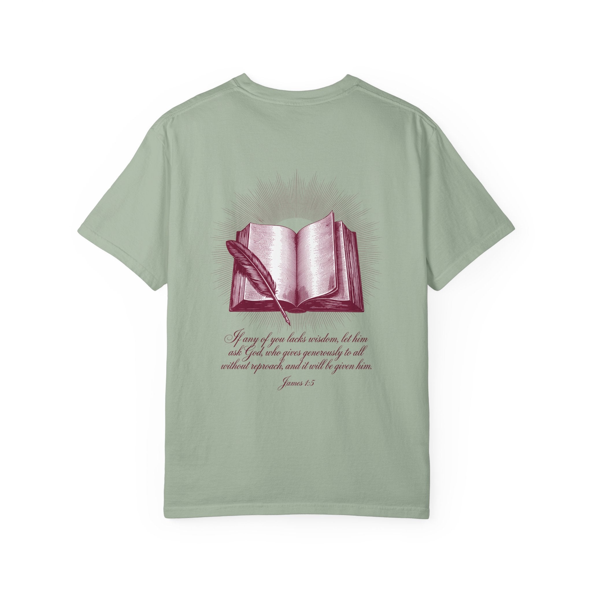 Christian Cross T-Shirt — Illustrated Bible Back Print with James 1:5 Quote