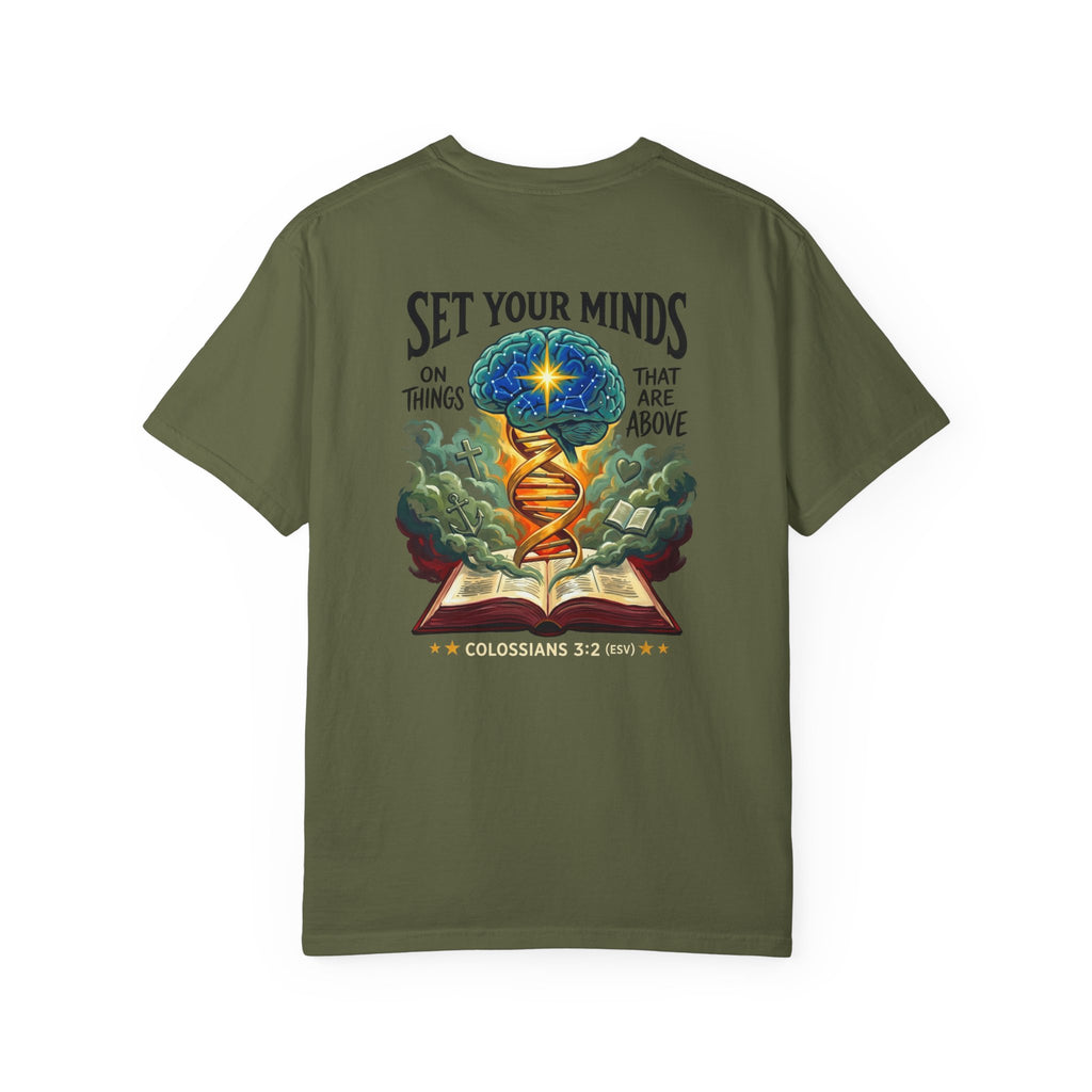Christian "Set Your Minds" Graphic T-Shirt — Colossians 3:2 Bible Verse Tee