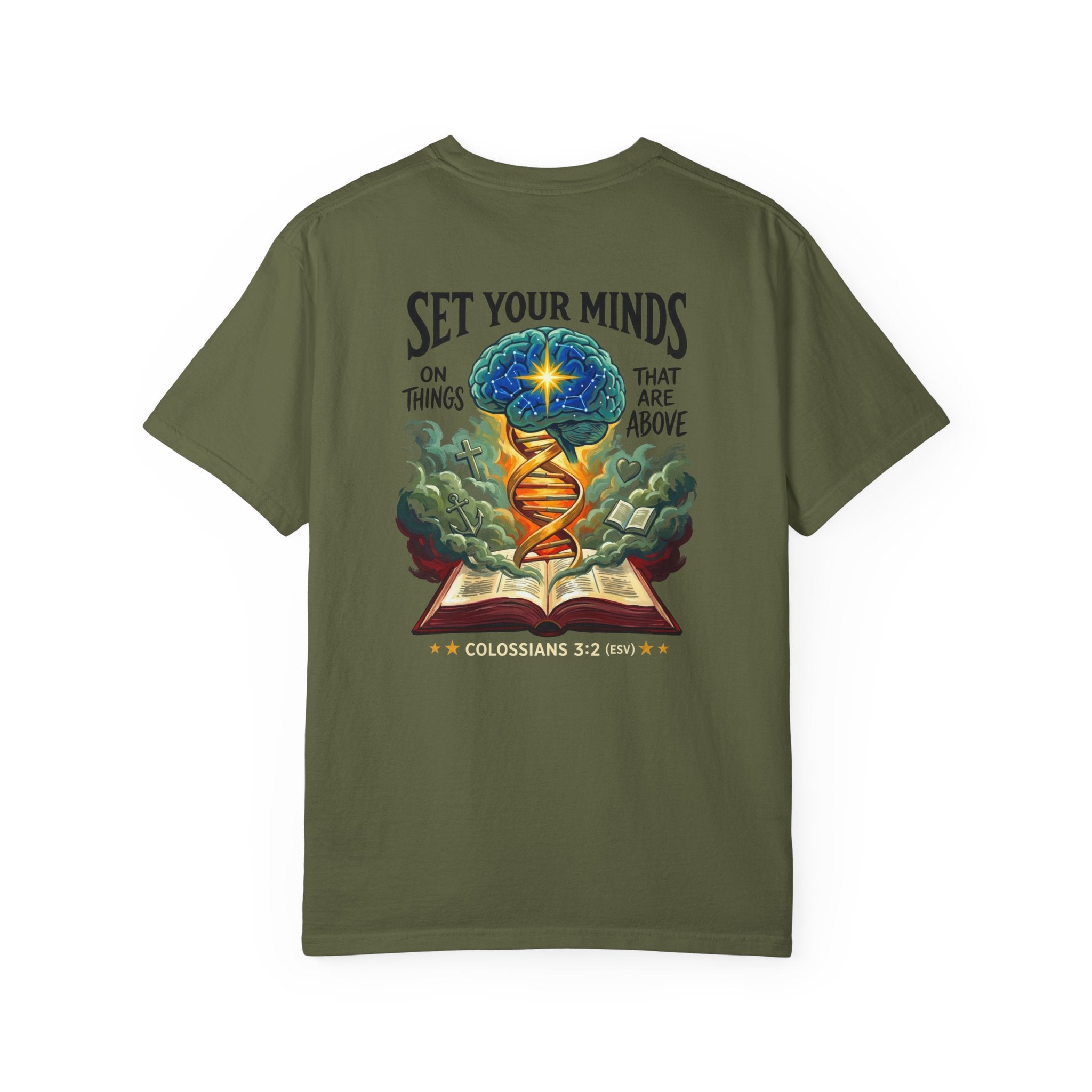 Christian "Set Your Minds" Graphic T-Shirt — Colossians 3:2 Bible Verse Tee
