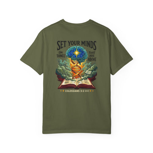 Christian "Set Your Minds" Graphic T-Shirt — Colossians 3:2 Bible Verse Tee