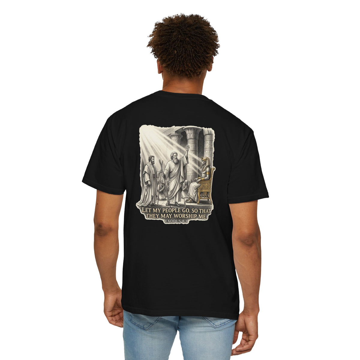 Religious T-Shirt — Small Cross Front & 'Let My People Go' Back Graphic