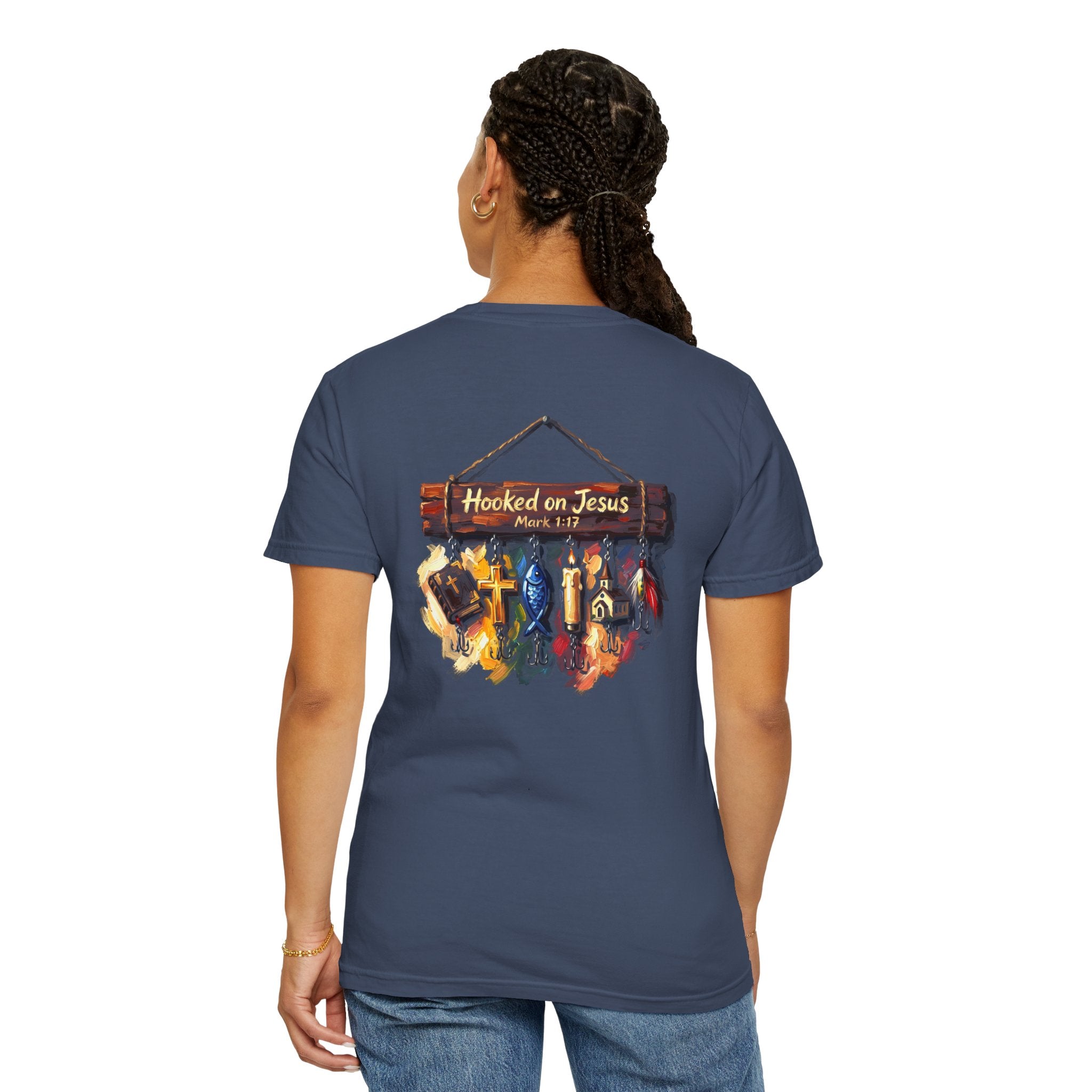 Christian Fishing T-Shirt — “Hooked on Jesus” Graphic Tee with Small Front Cross