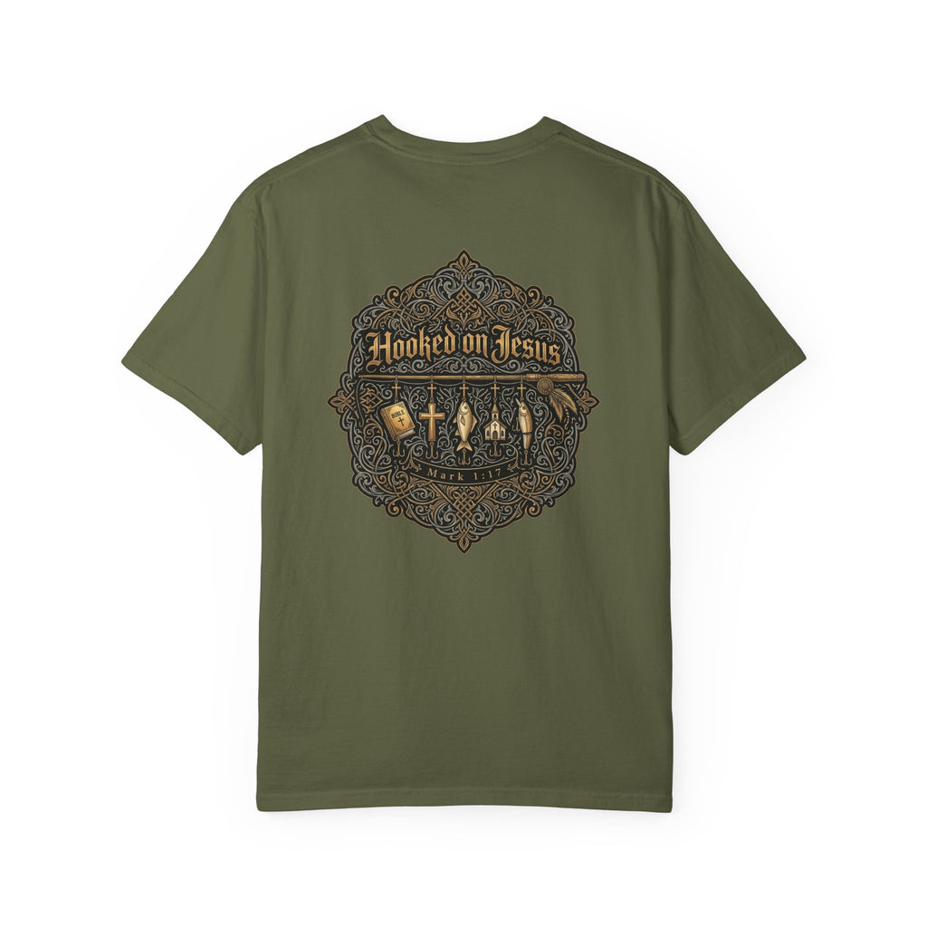 Hooked on Jesus T‑Shirt — Small Front Cross & Ornate Back Graphic