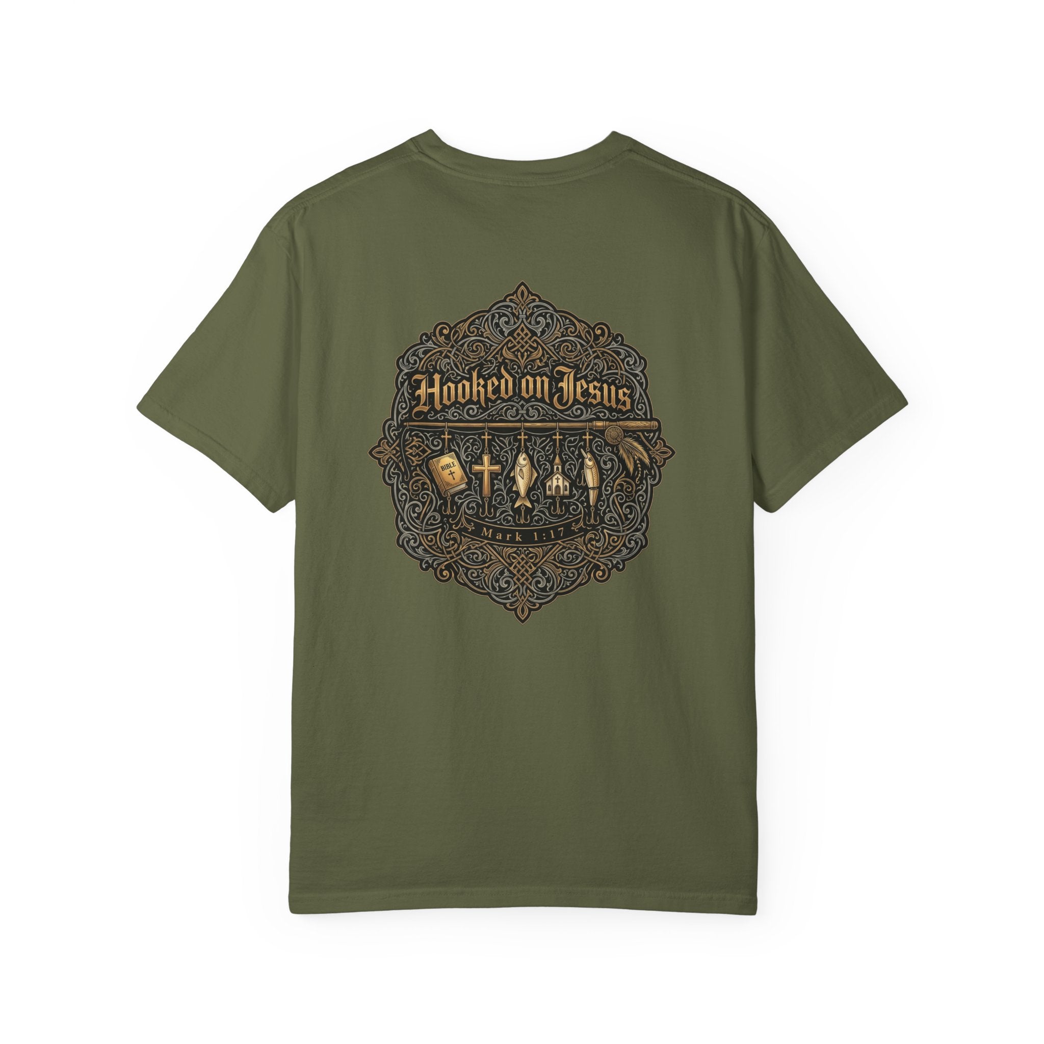 Hooked on Jesus T‑Shirt — Small Front Cross & Ornate Back Graphic