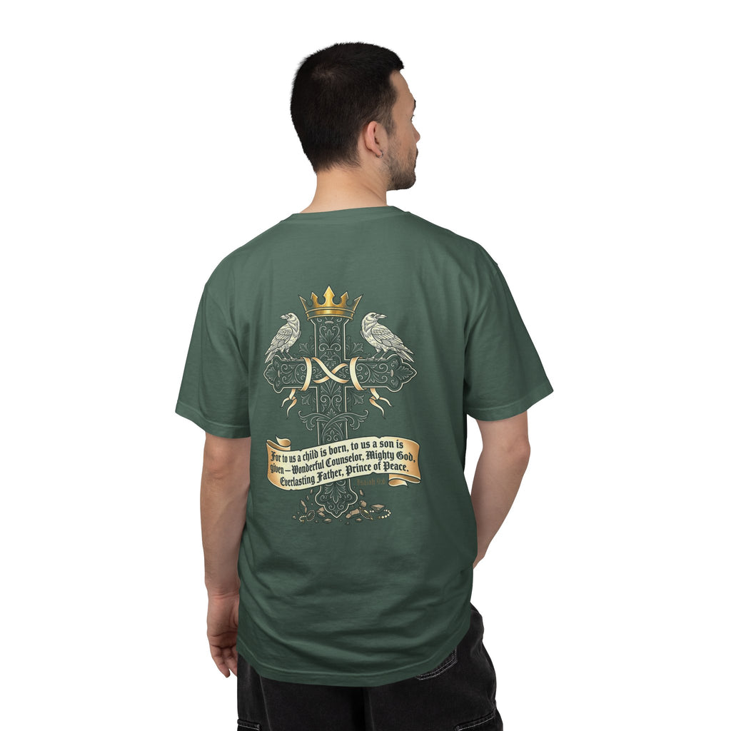 Christian Cross Tee — "For to us a child is born" Scripture Graphic T-Shirt