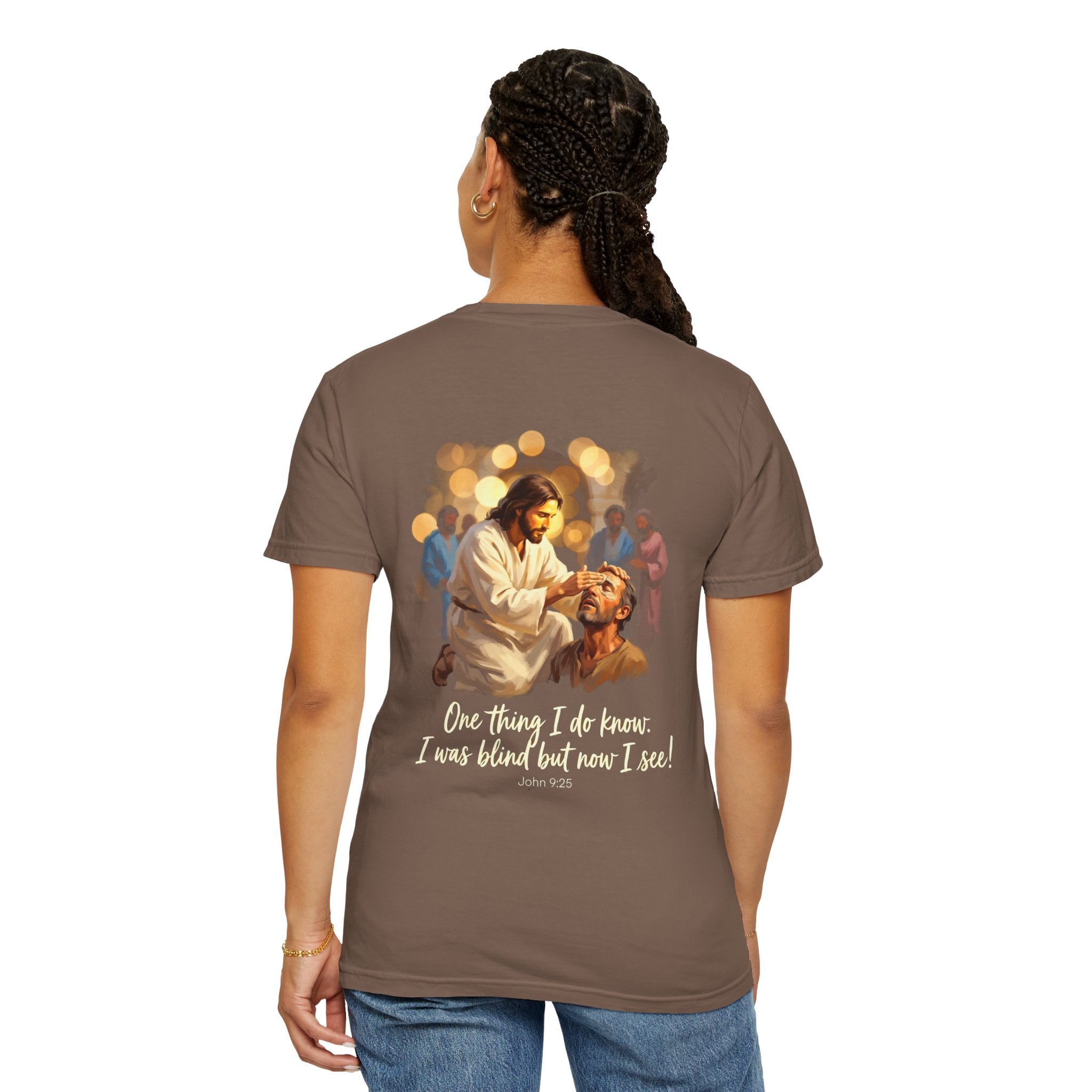 Christian T-Shirt — Jesus Healing the Blind "One thing I do know: I was blind but now I see"