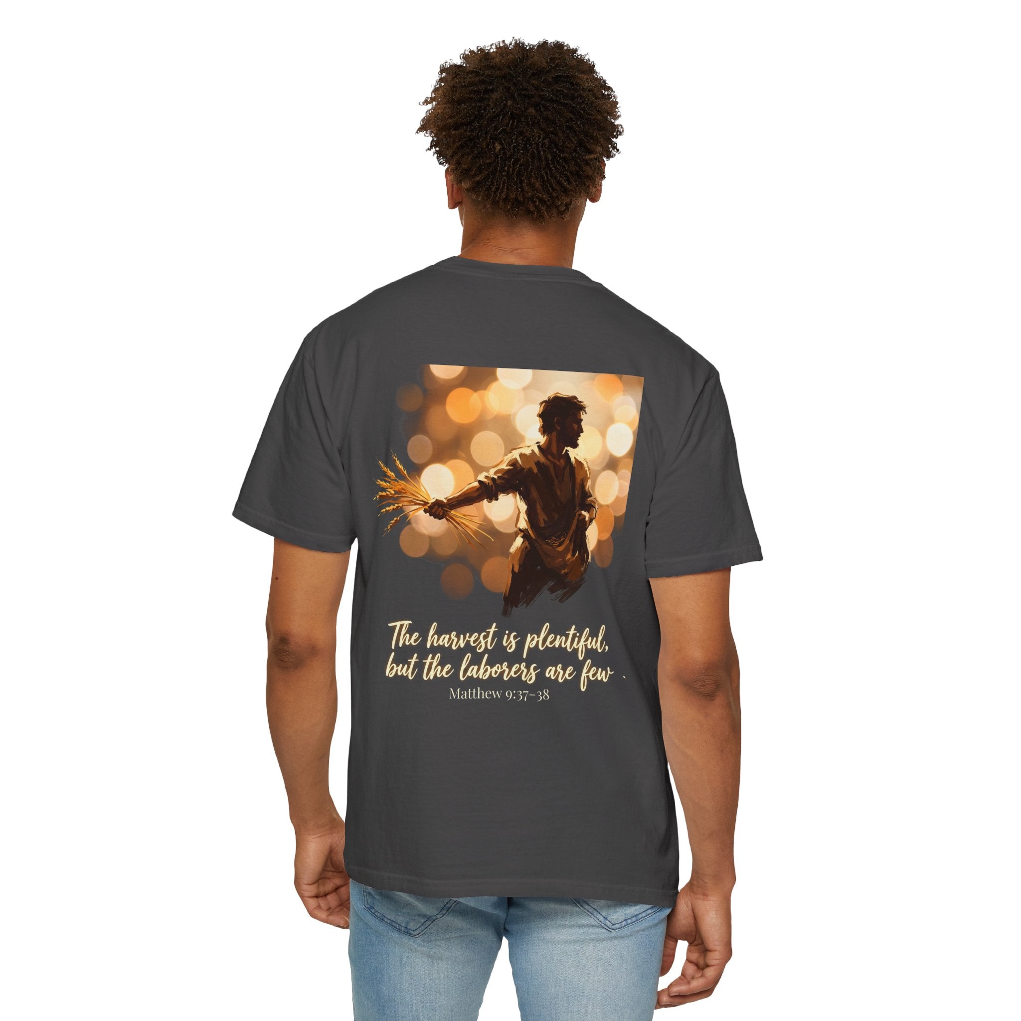 Christian Cross T-Shirt — "The harvest is plentiful, but the laborers are few" Back Graphic